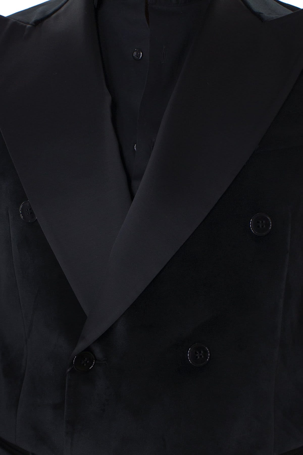 Giacca uomo doppiopetto nera in velluto liscio con rever in raso sartoriale slim fit rever largo