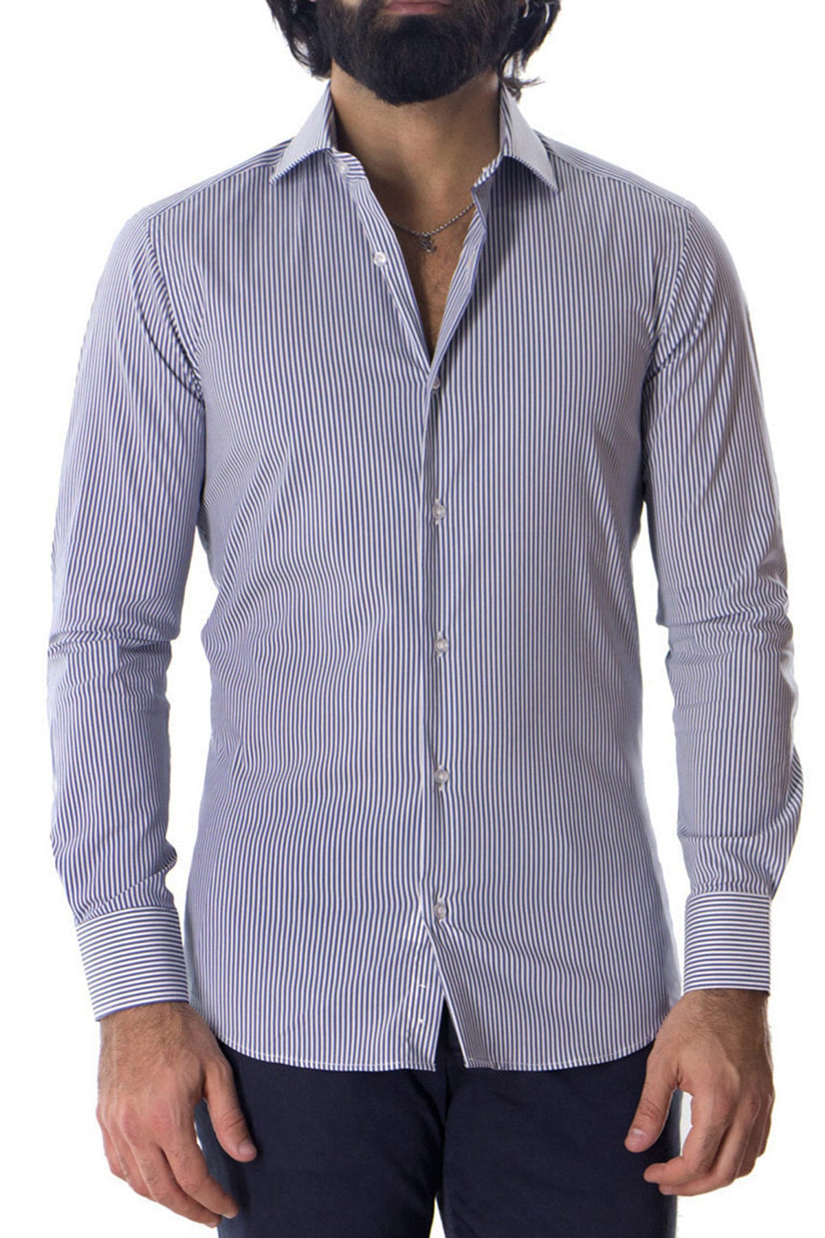 Camicia Uomo righe medie Slim fit cotone Elasticizzata Collo semi francese casual e elegante