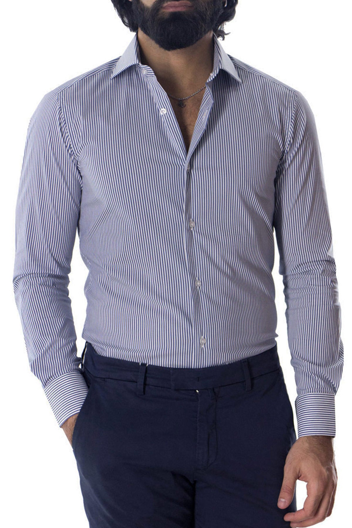 Camicia Uomo righe medie Slim fit cotone Elasticizzata Collo semi francese casual e elegante