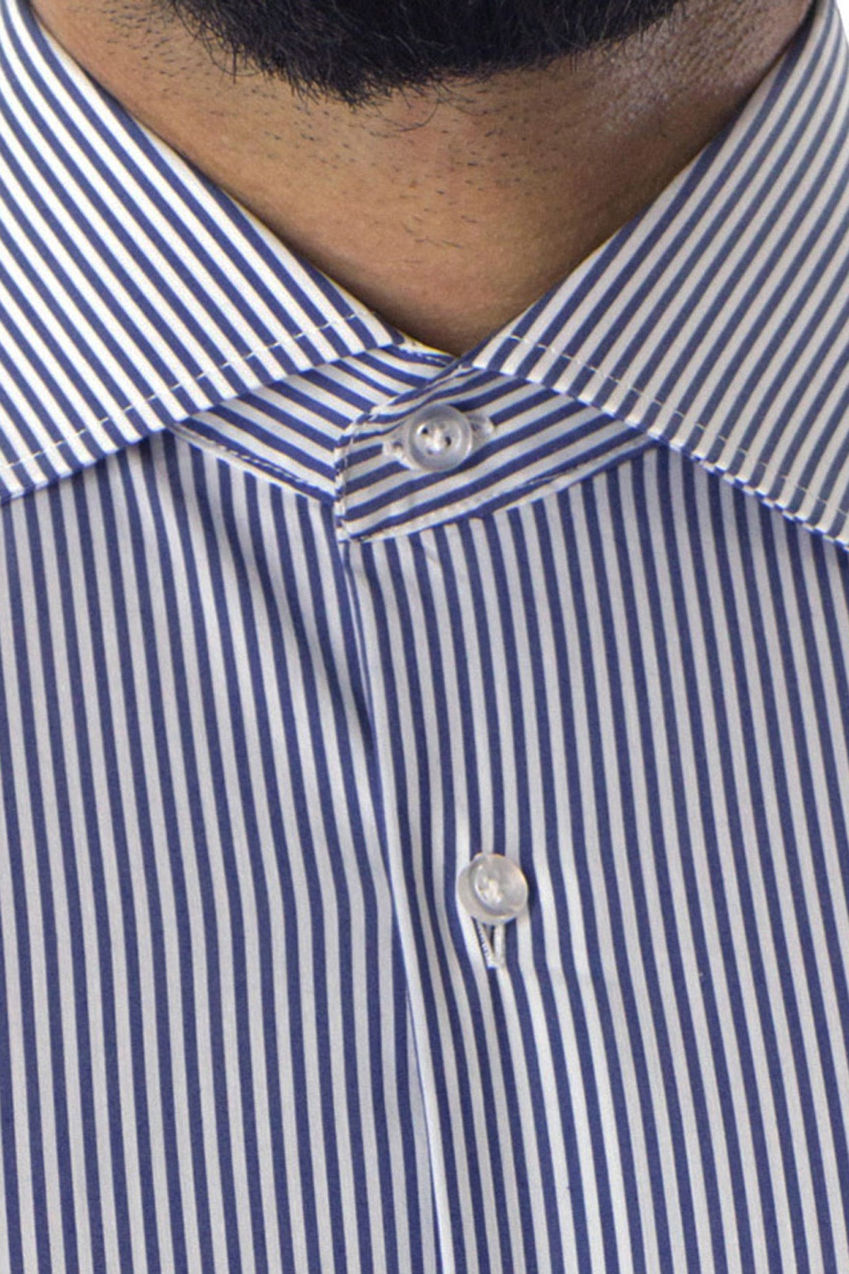Camicia Uomo righe medie Slim fit cotone Elasticizzata Collo semi francese casual e elegante