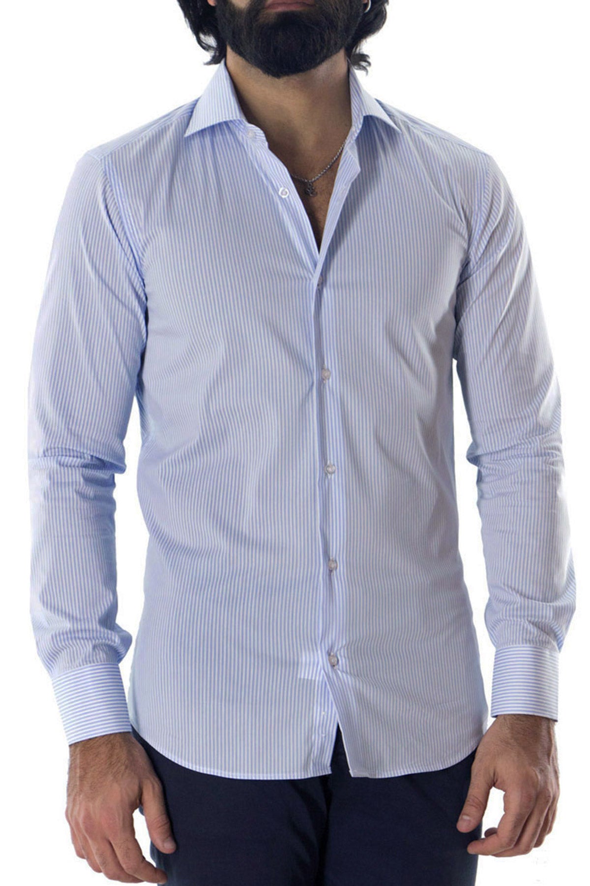Camicia Uomo righe medie Slim fit cotone Elasticizzata Collo semi francese casual e elegante