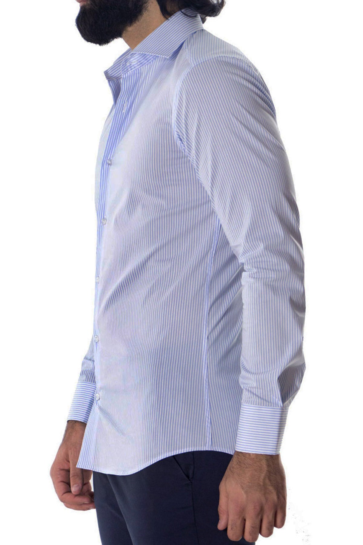 Camicia Uomo righe medie Slim fit cotone Elasticizzata Collo semi francese casual e elegante