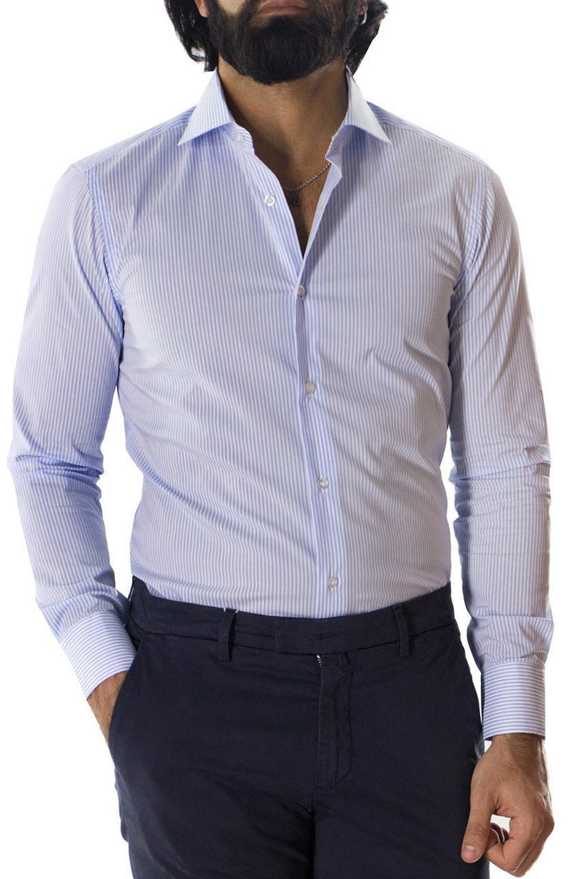 Camicia Uomo righe medie Slim fit cotone Elasticizzata Collo semi francese casual e elegante