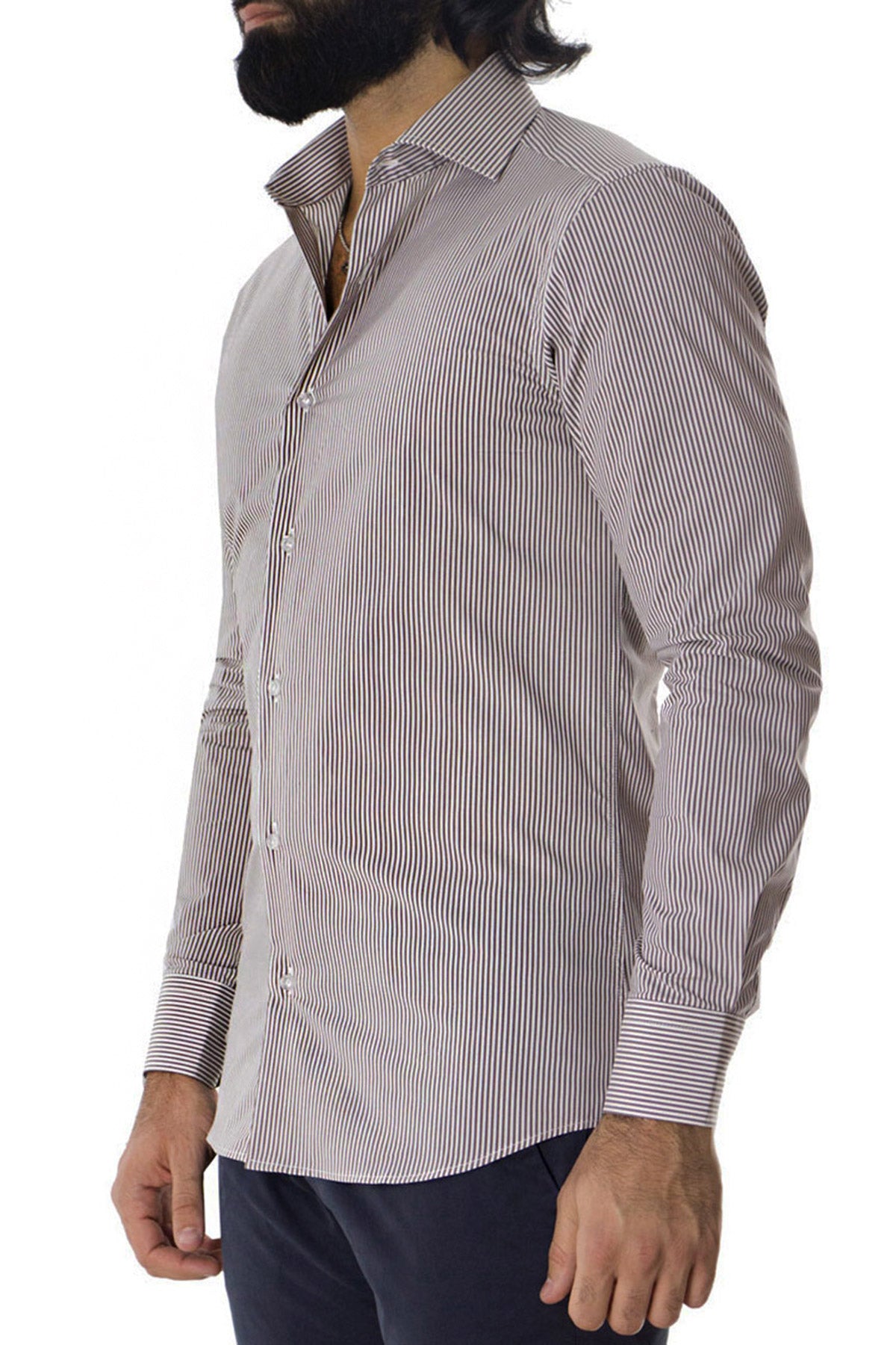 Camicia Uomo righe medie Slim fit cotone Elasticizzata Collo semi francese casual e elegante