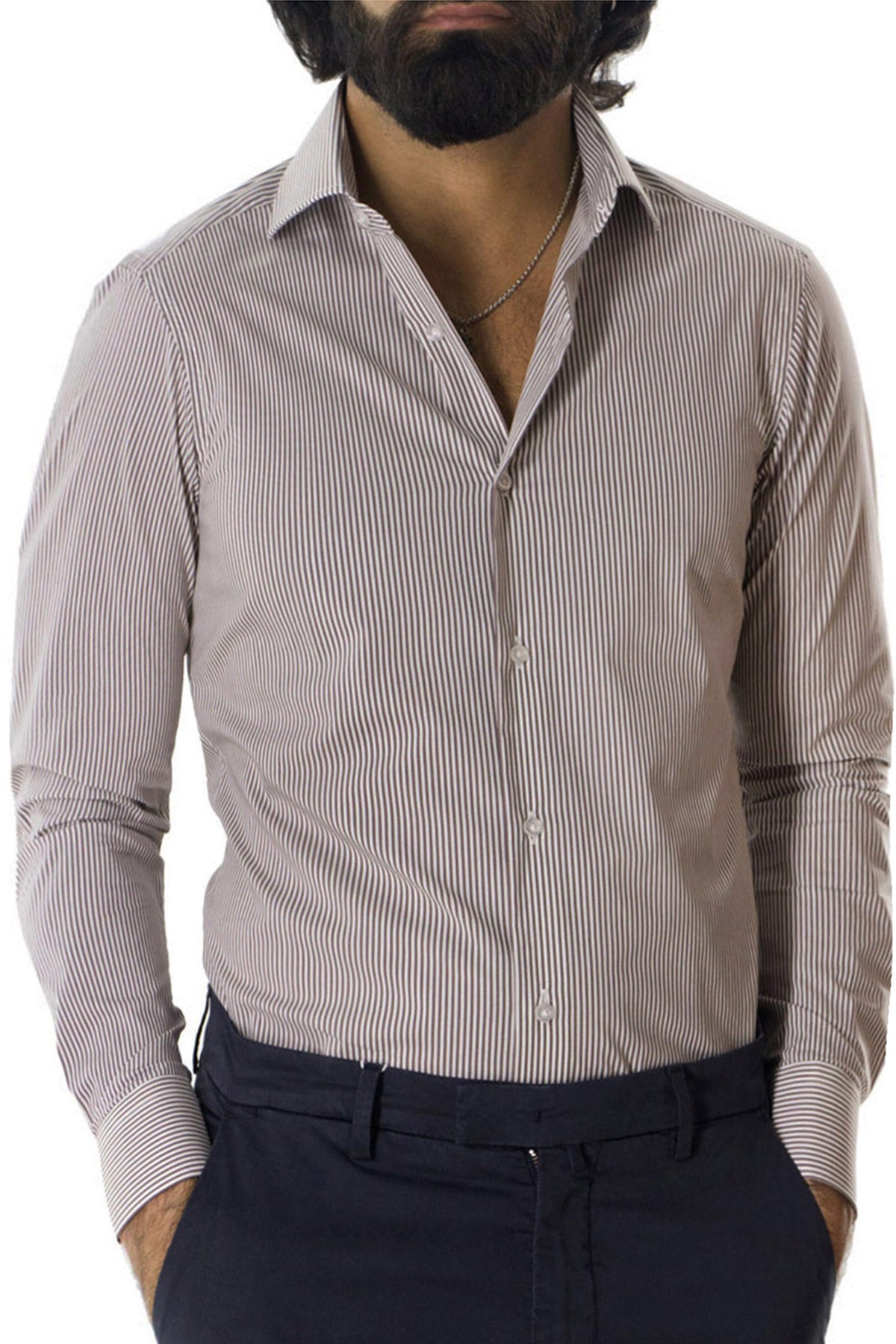 Camicia Uomo righe medie Slim fit cotone Elasticizzata Collo semi francese casual e elegante