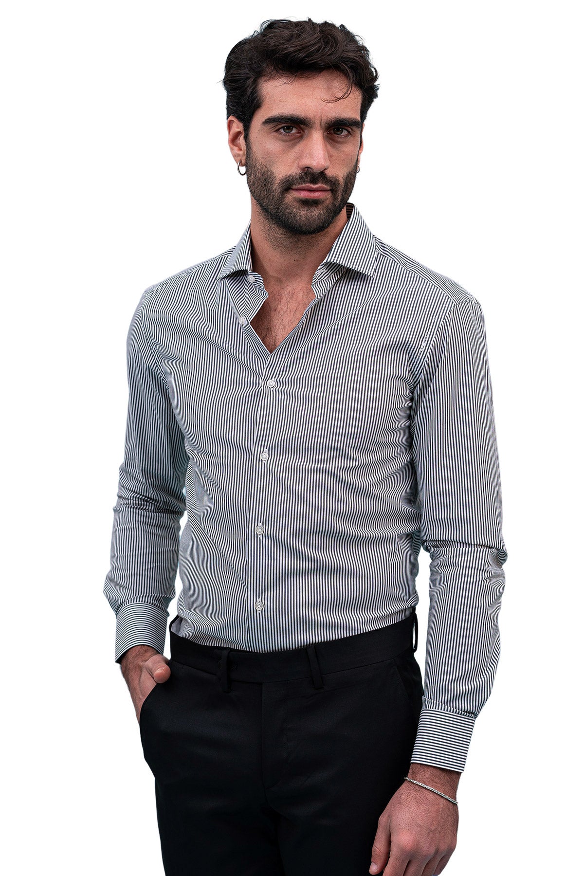 Camicia Uomo righe medie Slim fit cotone Elasticizzata Collo semi francese casual e elegante