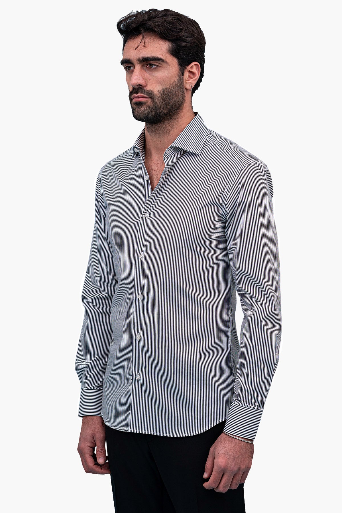 Camicia Uomo righe medie Slim fit cotone Elasticizzata Collo semi francese casual e elegante