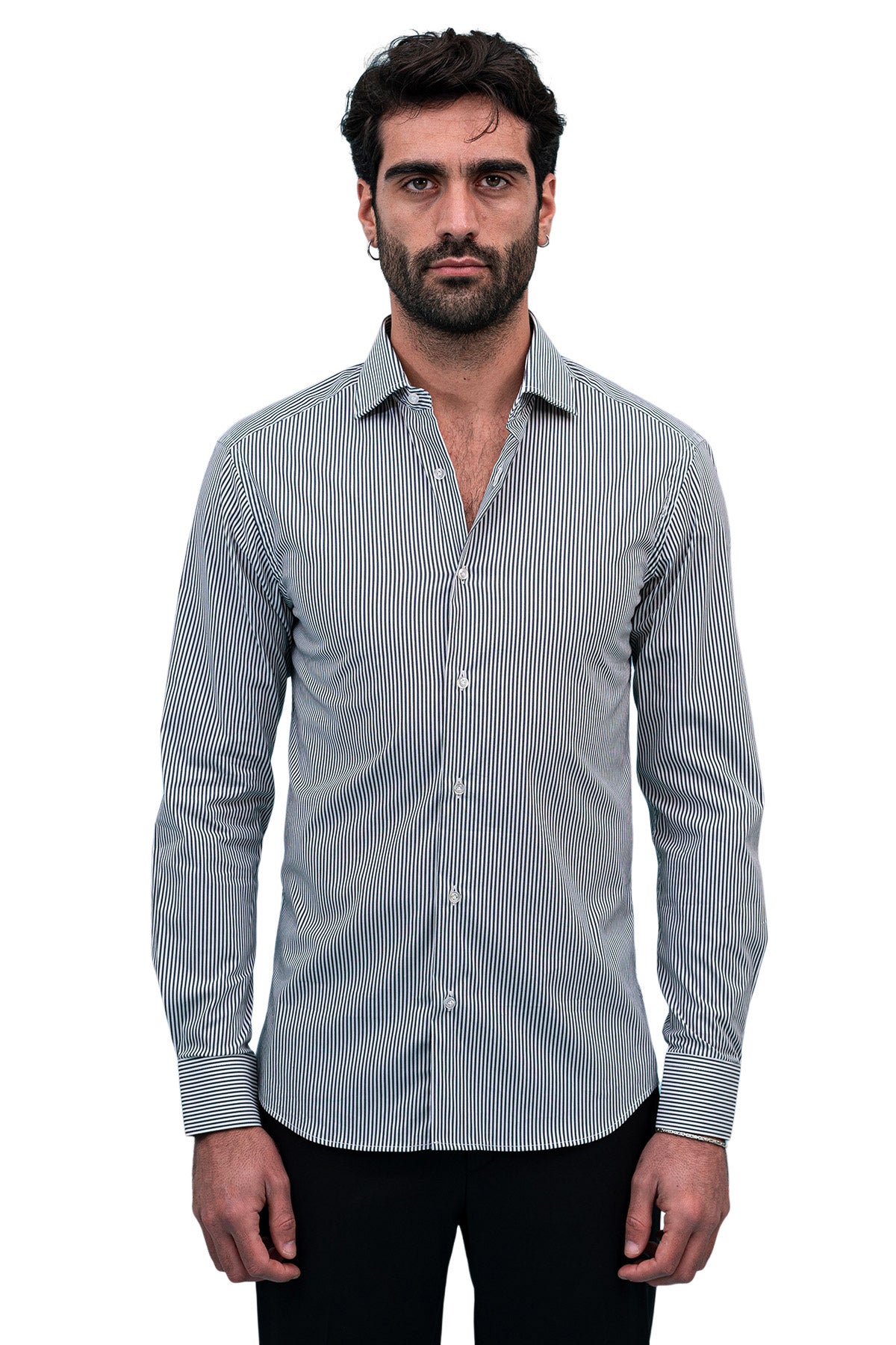 Camicia Uomo righe medie Slim fit cotone Elasticizzata Collo semi francese casual e elegante