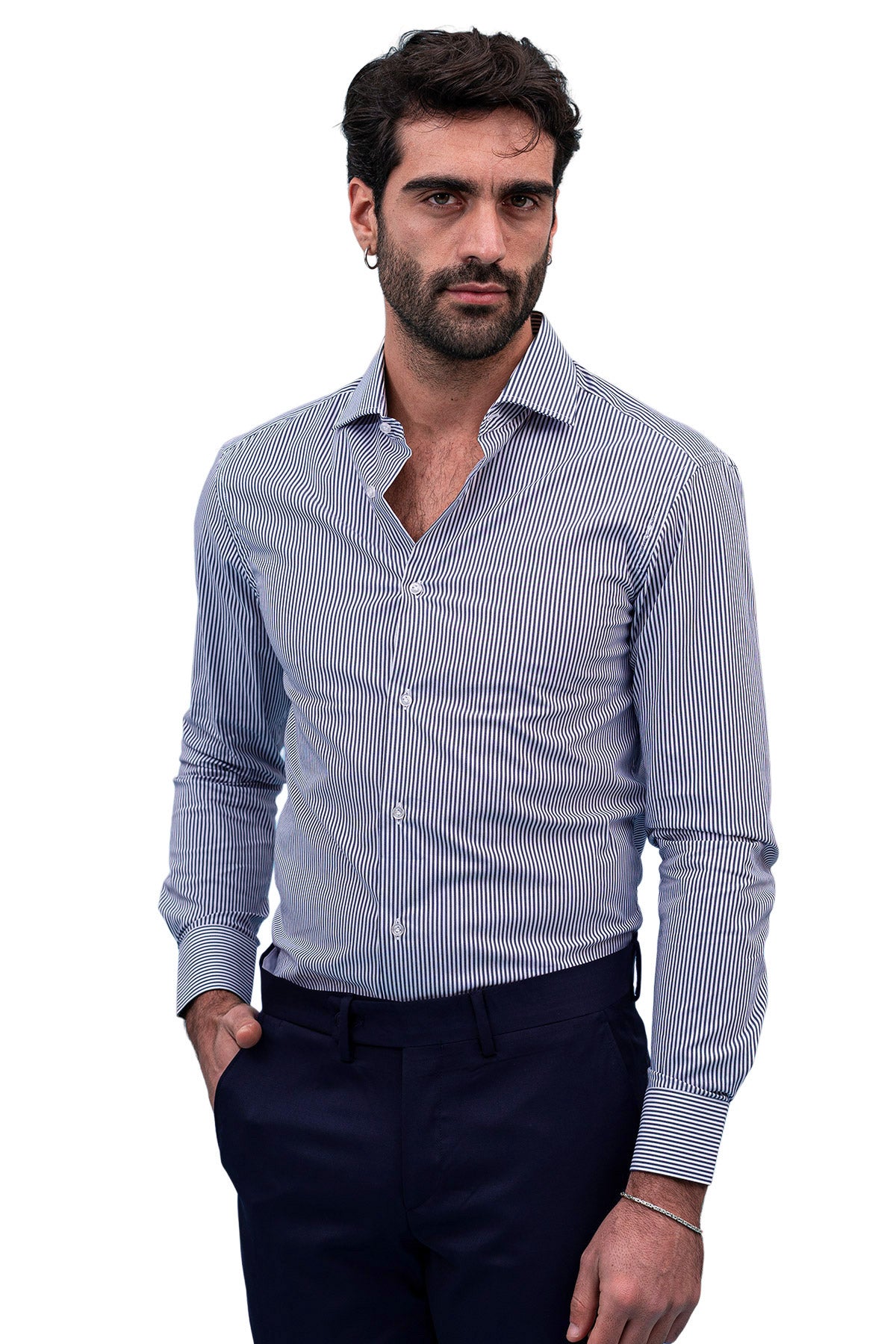 Camicia Uomo righe medie Slim fit cotone Elasticizzata Collo semi francese casual e elegante