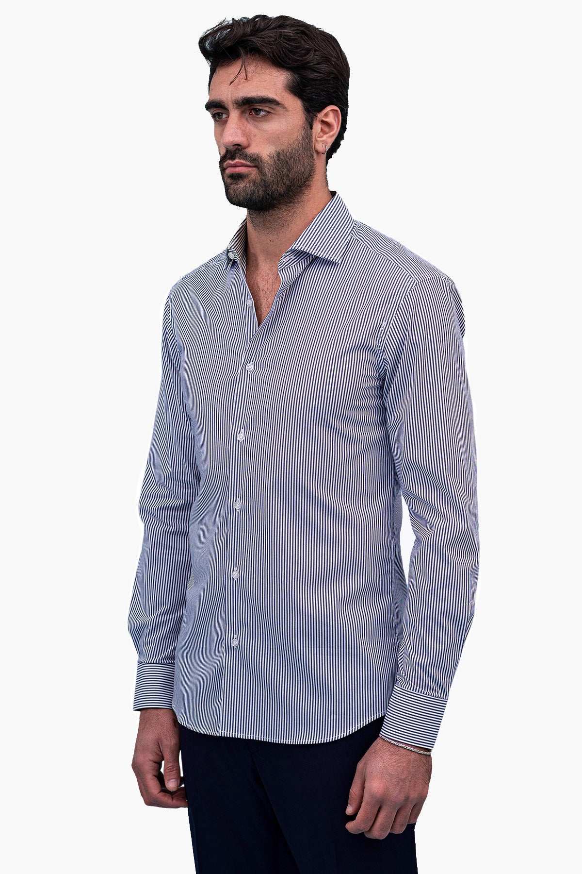 Camicia Uomo righe medie Slim fit cotone Elasticizzata Collo semi francese casual e elegante