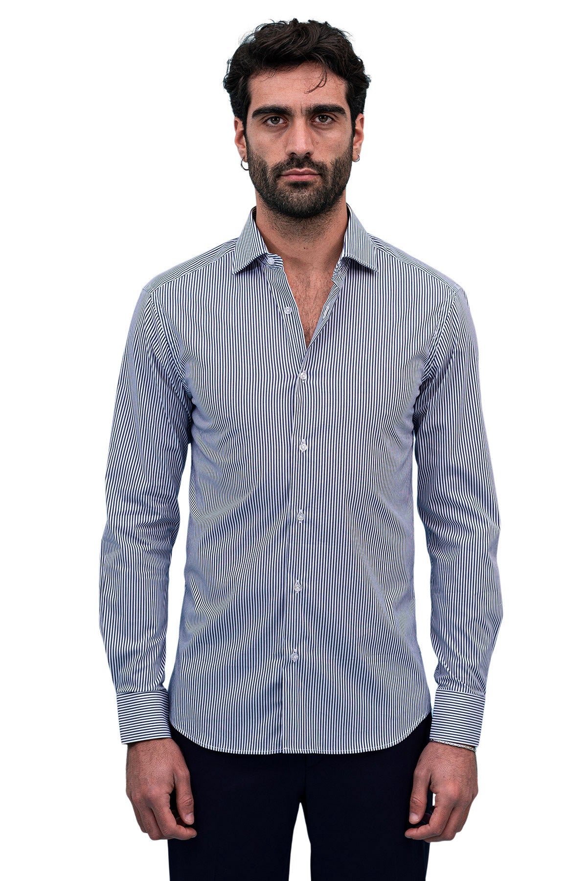 Camicia Uomo righe medie Slim fit cotone Elasticizzata Collo semi francese casual e elegante