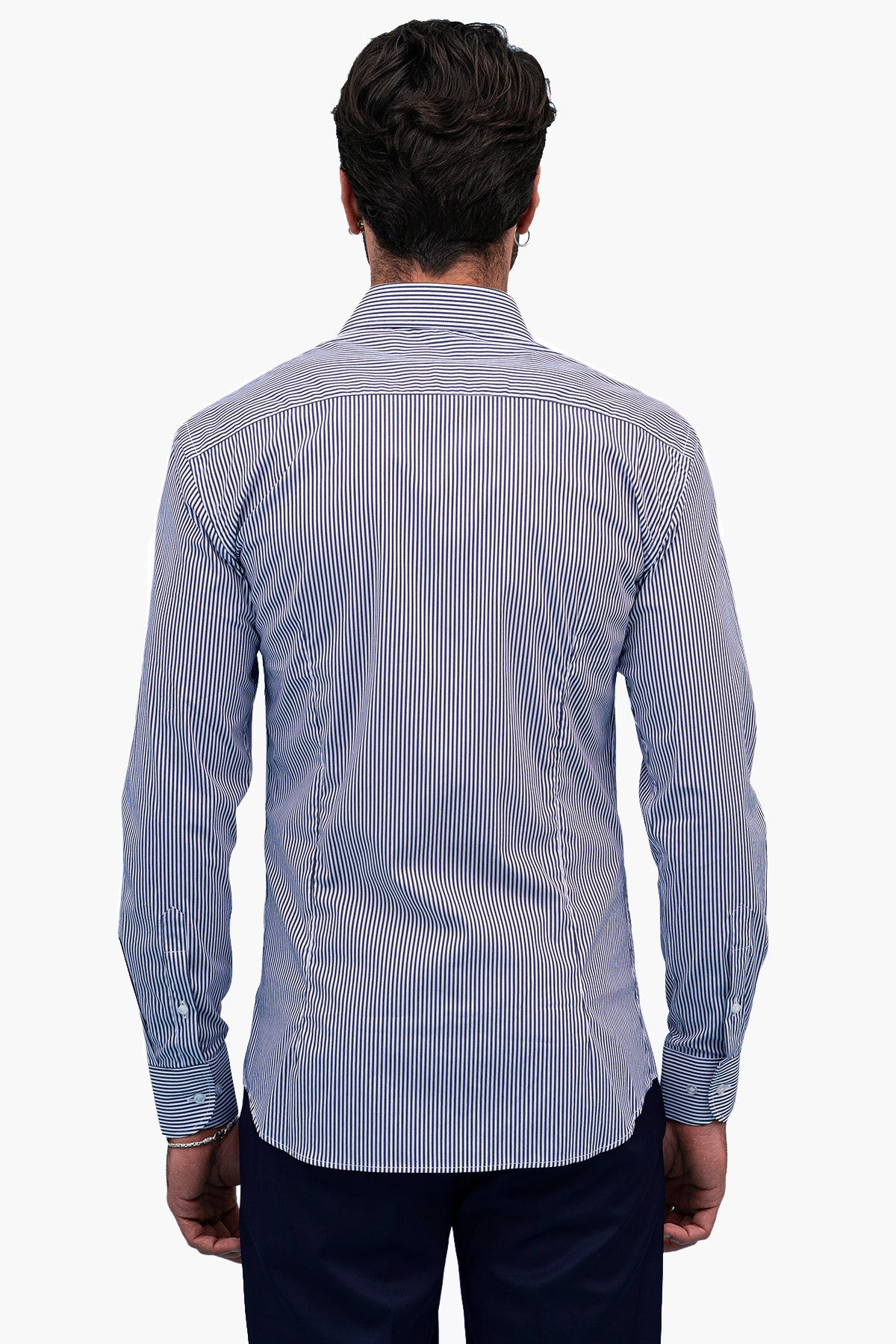 Camicia Uomo righe medie Slim fit cotone Elasticizzata Collo semi francese casual e elegante