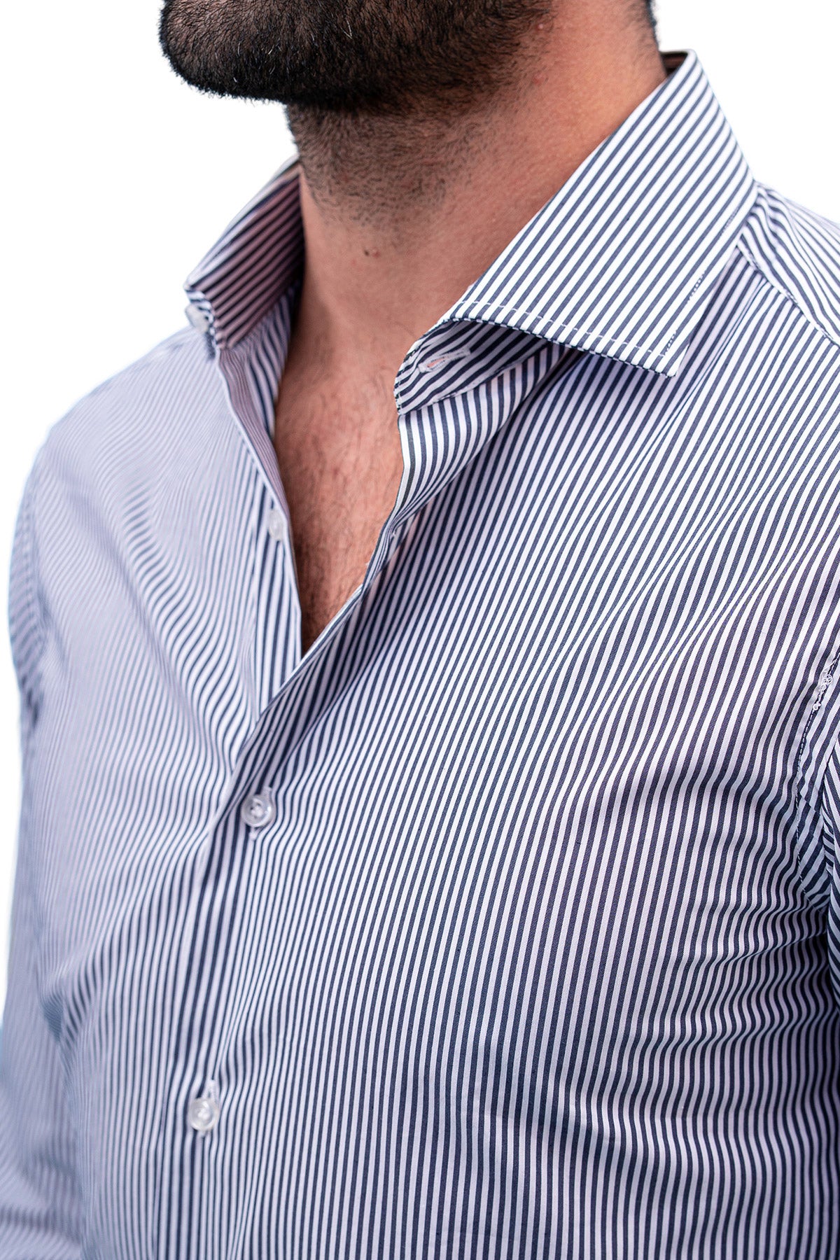 Camicia Uomo righe medie Slim fit cotone Elasticizzata Collo semi francese casual e elegante