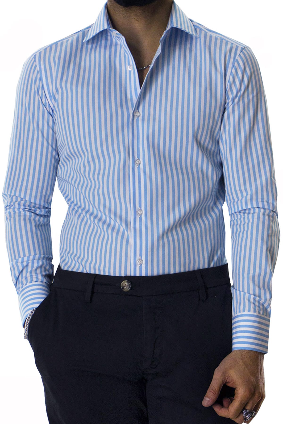 Camicia Uomo righe Larghe Slim fit  Collo semi francese 100% cotone made in italy