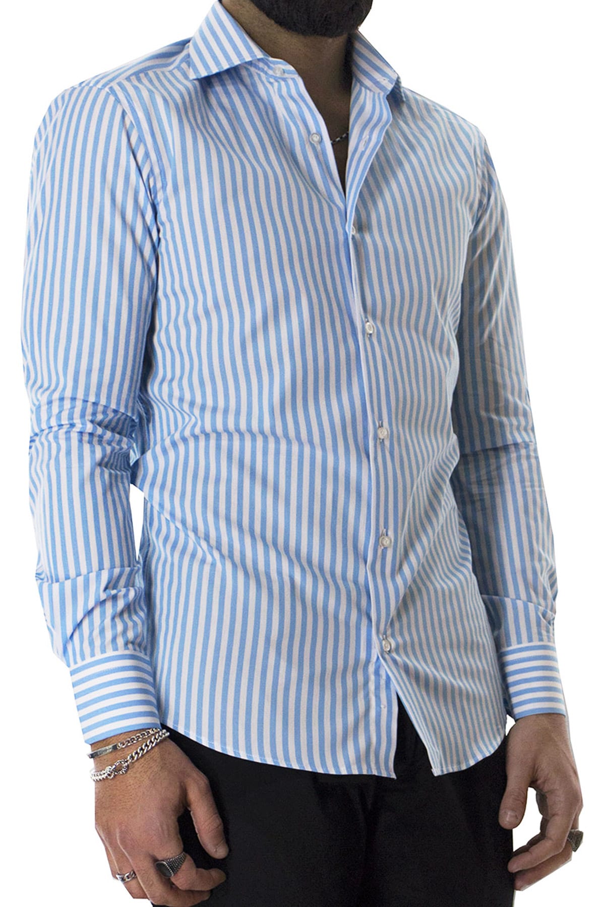 Camicia Uomo righe Larghe Slim fit  Collo semi francese 100% cotone made in italy