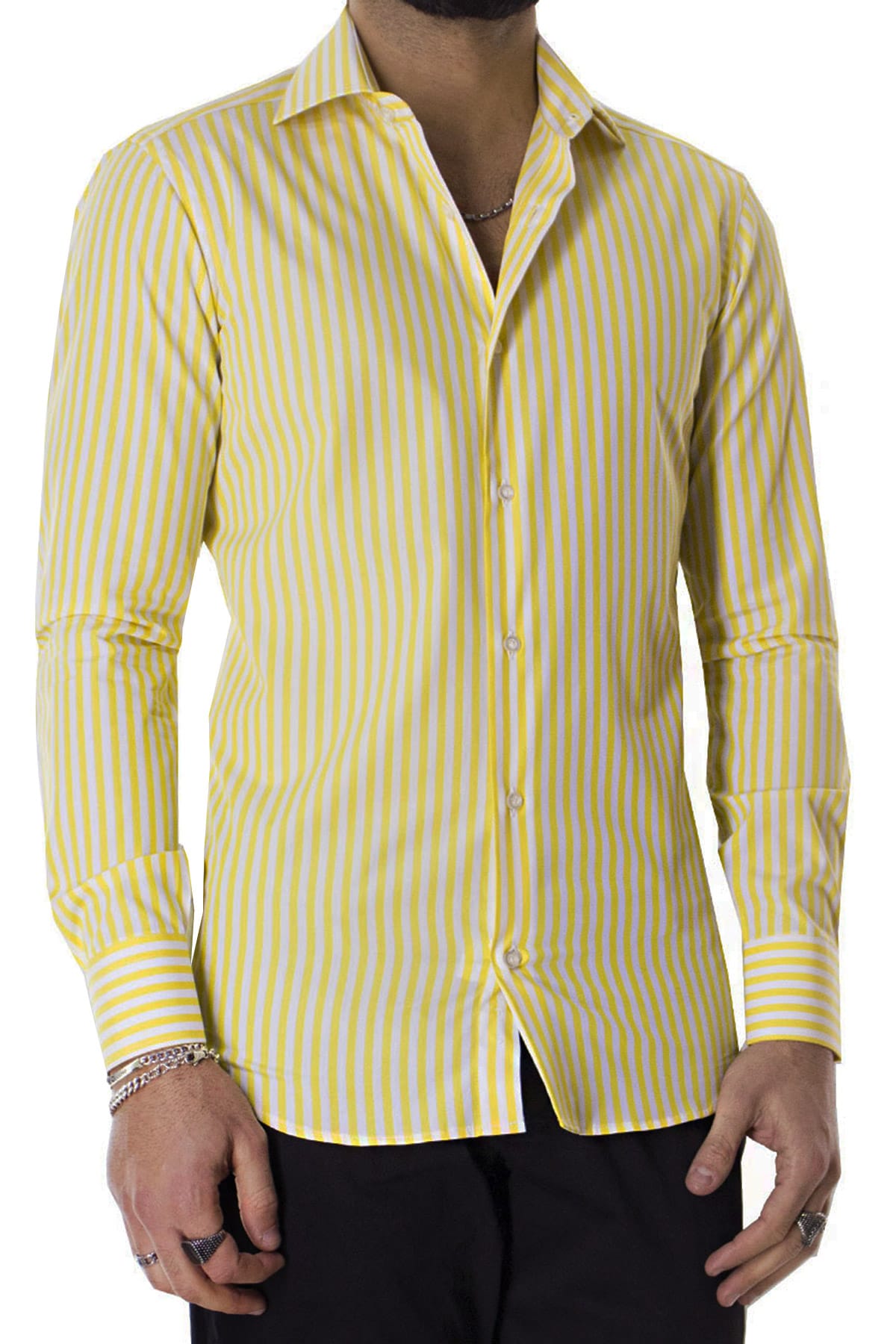 Camicia Uomo righe Larghe Slim fit  Collo semi francese 100% cotone made in italy