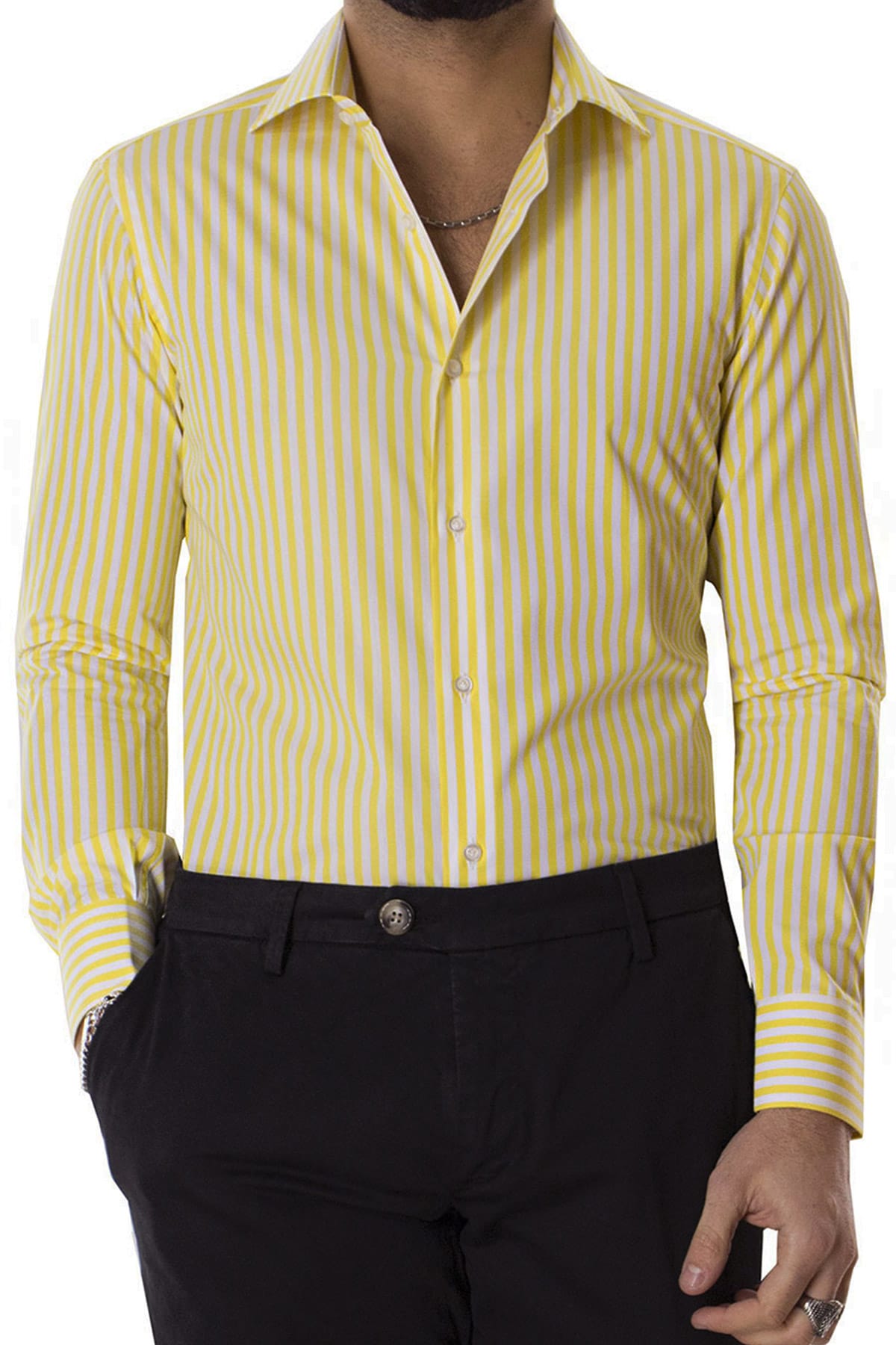 Camicia Uomo righe Larghe Slim fit  Collo semi francese 100% cotone made in italy