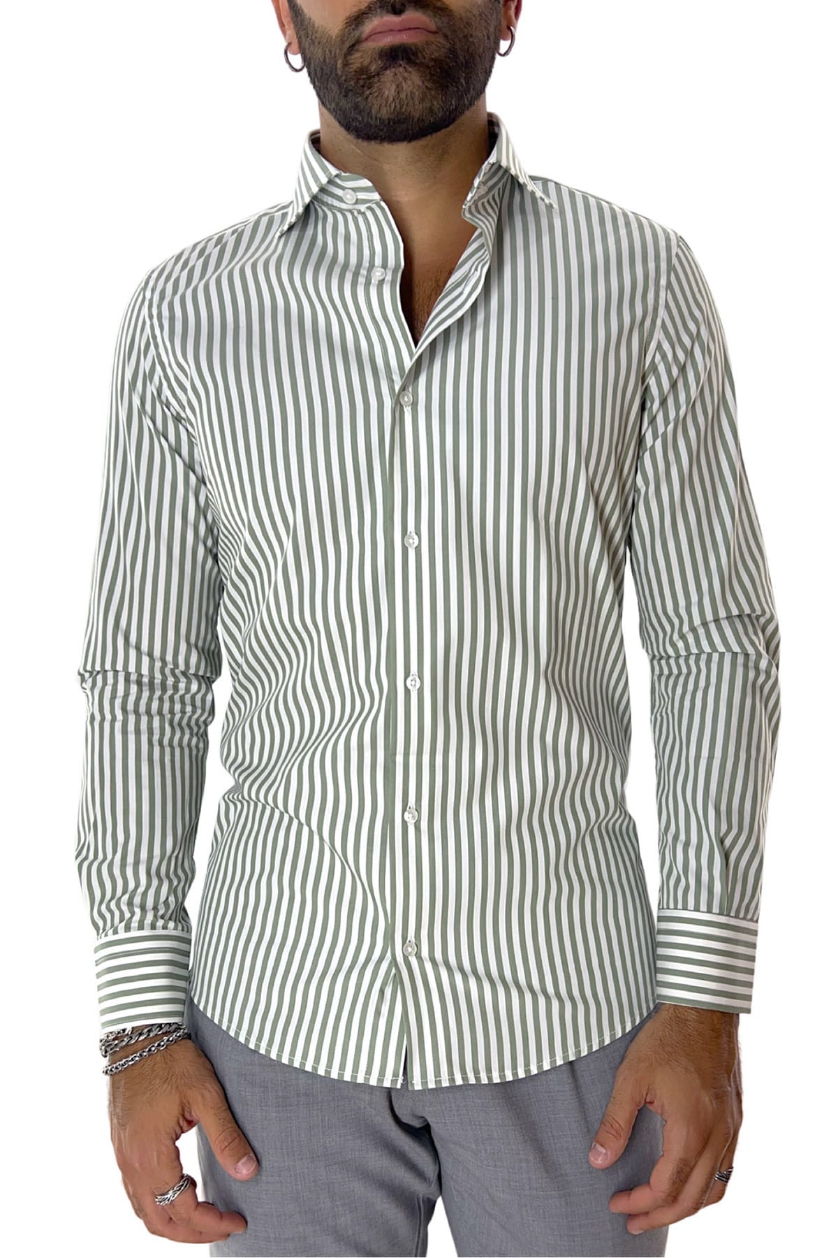Camicia Uomo righe Larghe Slim fit  Collo semi francese 100% cotone made in italy