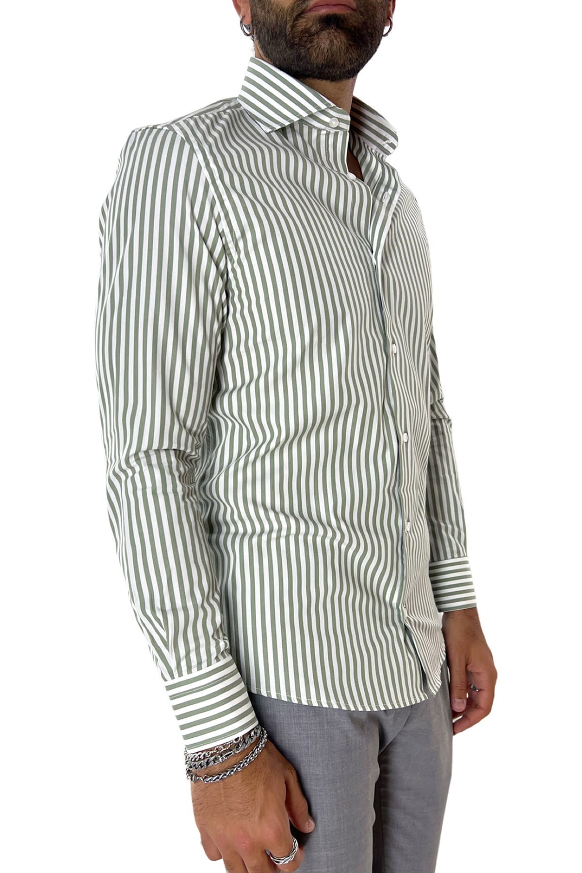 Camicia Uomo righe Larghe Slim fit  Collo semi francese 100% cotone made in italy