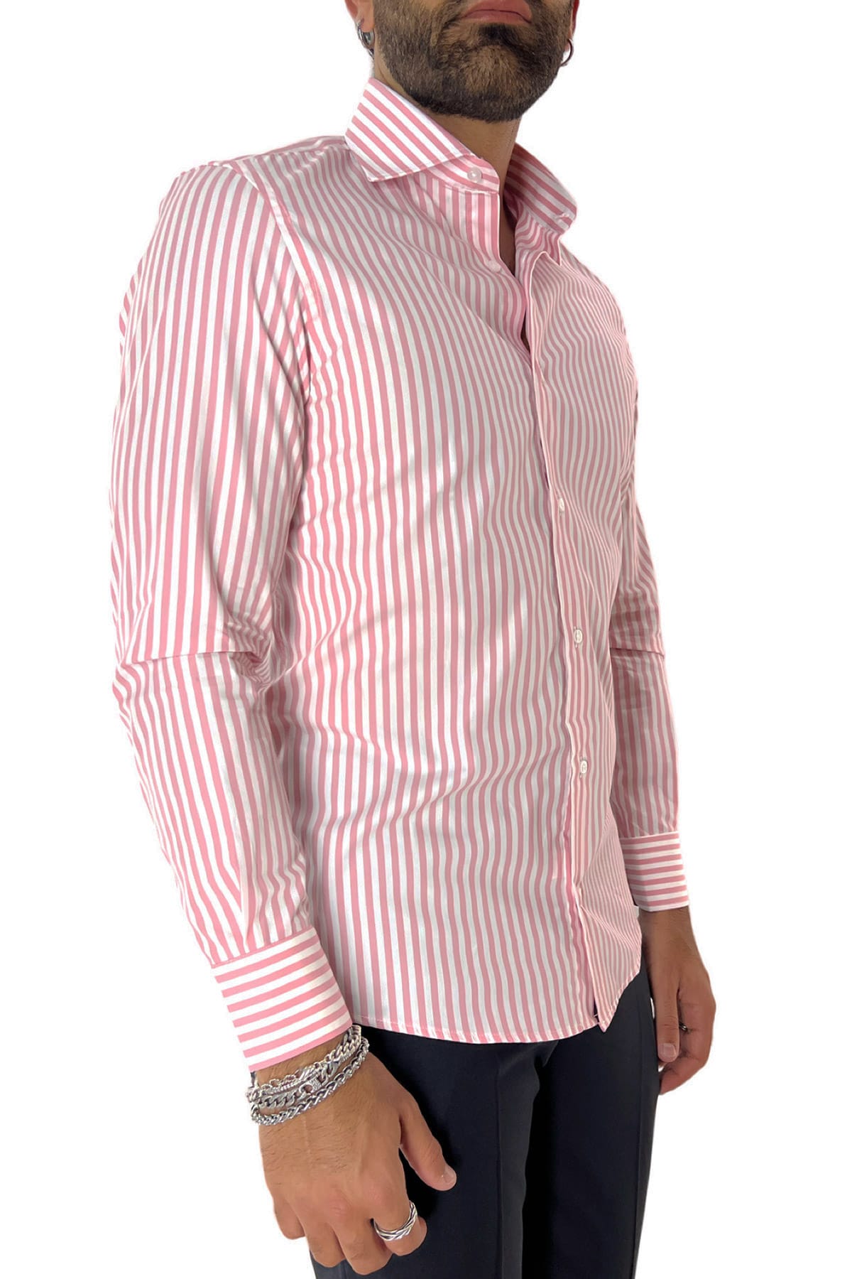 Camicia Uomo righe Larghe Slim fit  Collo semi francese 100% cotone made in italy