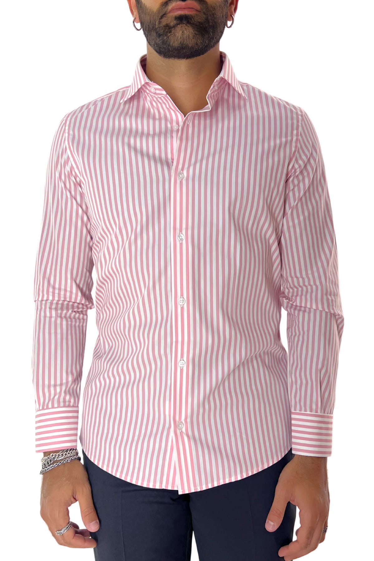 Camicia Uomo righe Larghe Slim fit  Collo semi francese 100% cotone made in italy