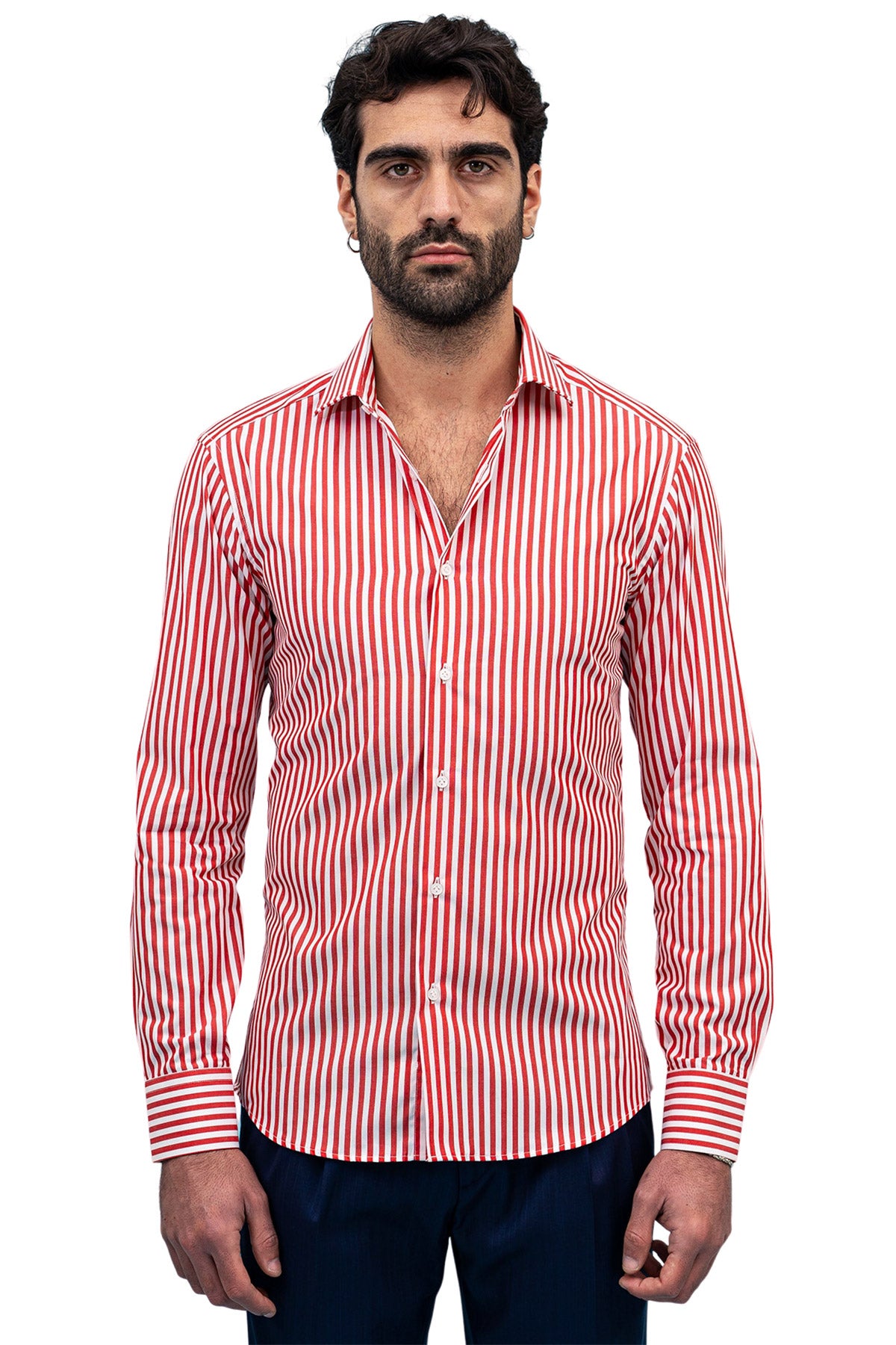Camicia Uomo righe Larghe Slim fit  Collo semi francese 100% cotone made in italy