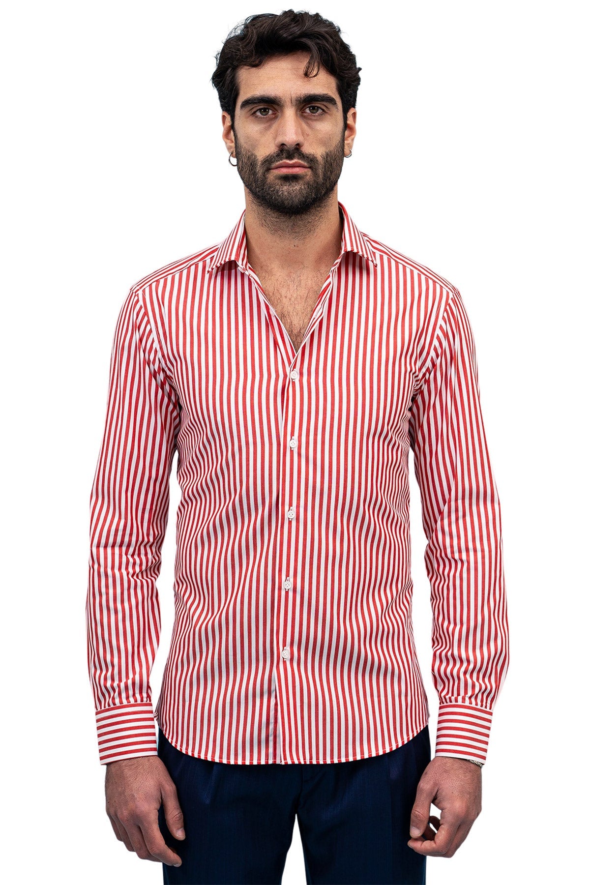 Camicia Uomo righe Larghe Slim fit  Collo semi francese 100% cotone made in italy