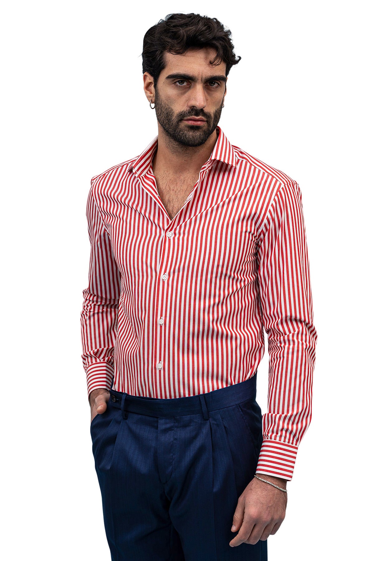 Camicia Uomo righe Larghe Slim fit  Collo semi francese 100% cotone made in italy