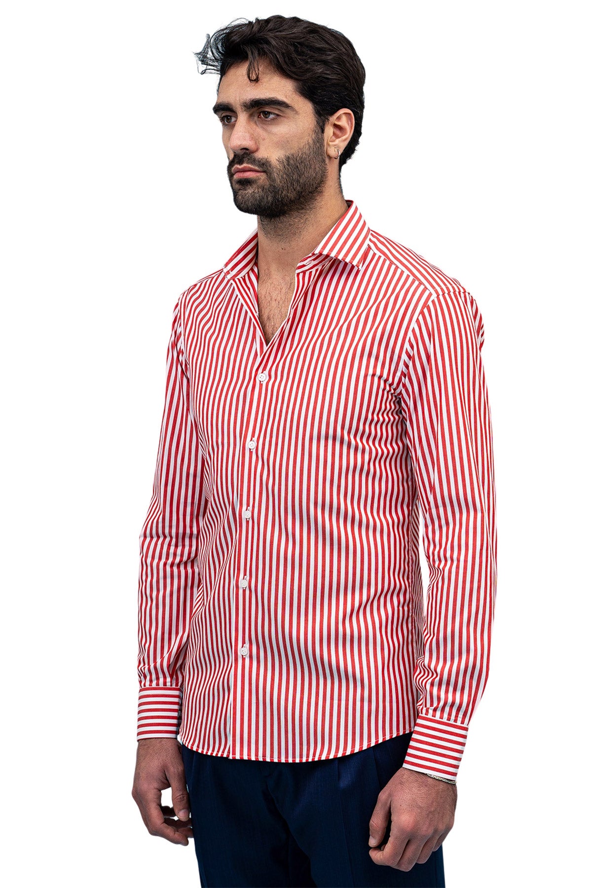 Camicia Uomo righe Larghe Slim fit  Collo semi francese 100% cotone made in italy