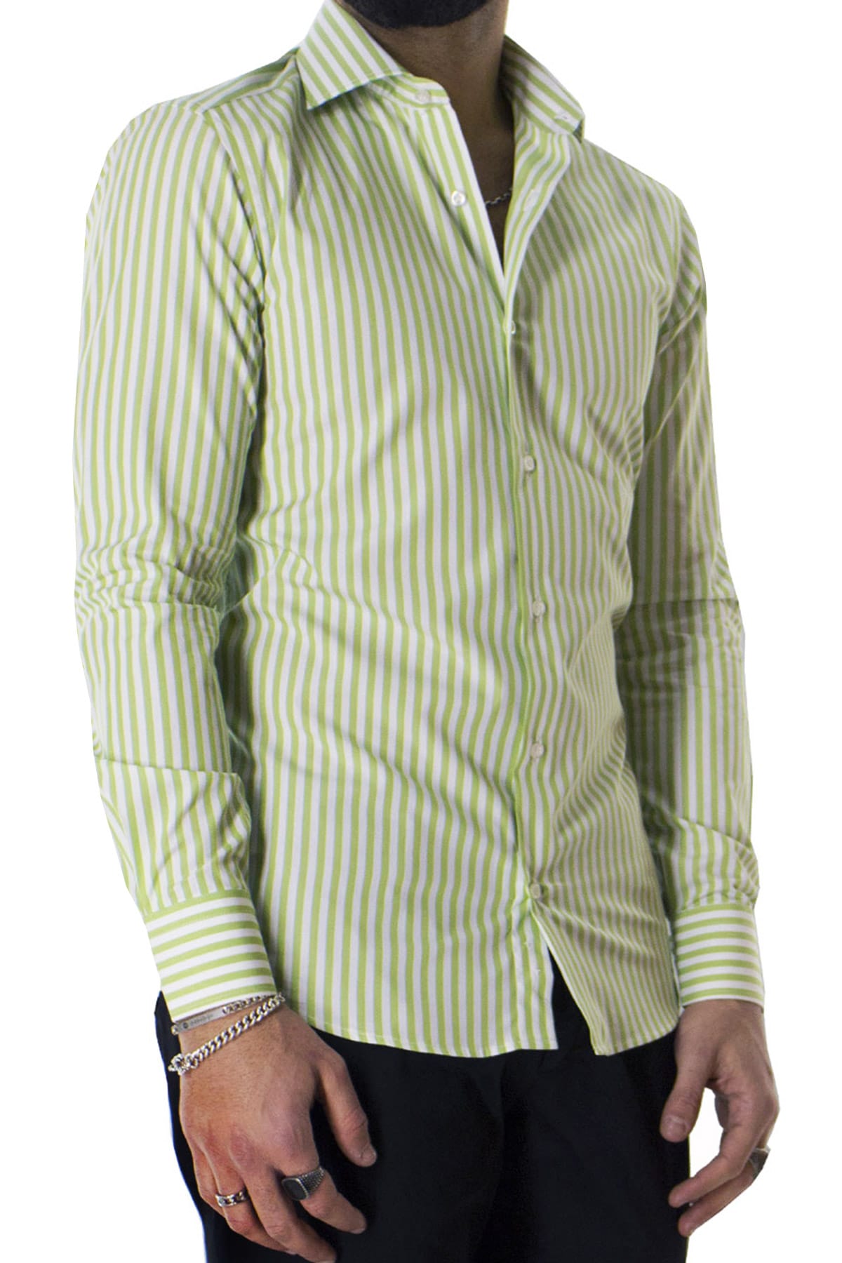 Camicia Uomo righe Larghe Slim fit  Collo semi francese 100% cotone made in italy