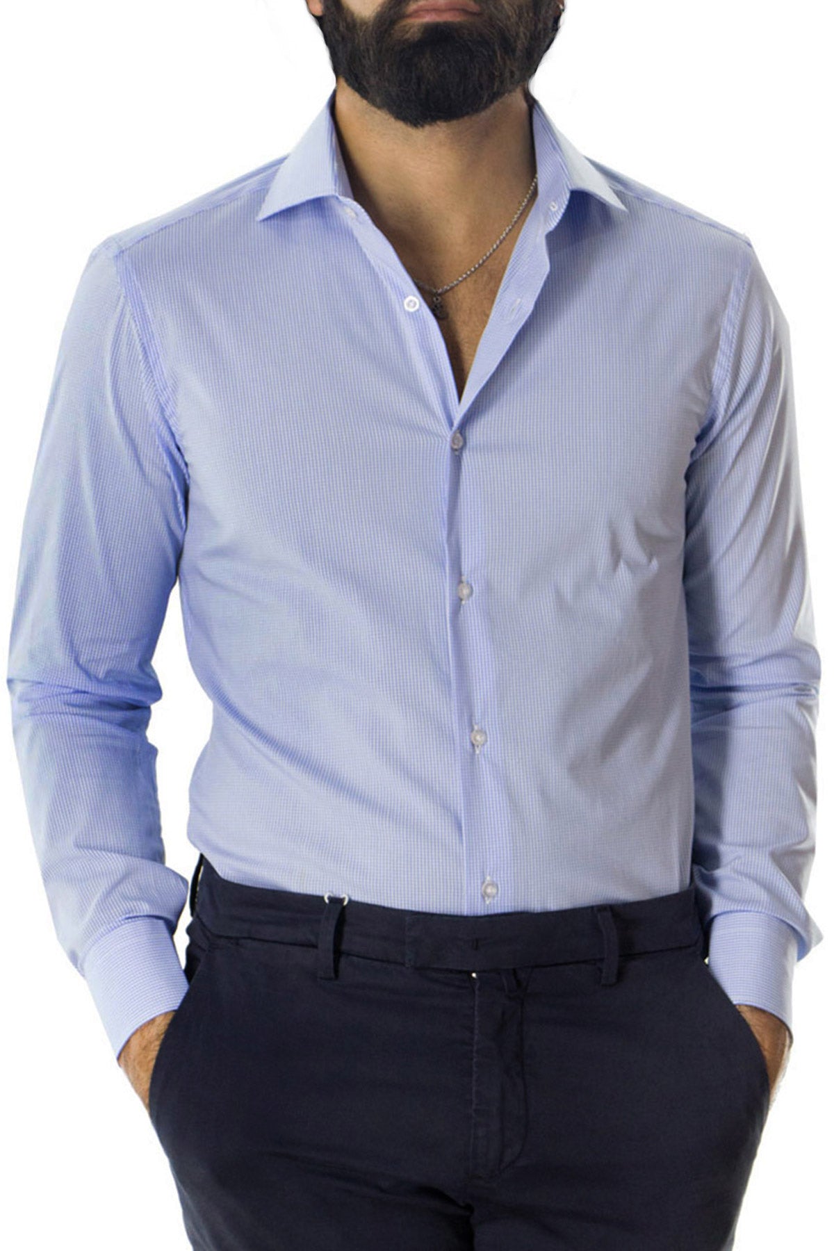 Camicia Uomo microquadro Slim Fit Collo semi francese cotone Elasticizzata casual e elegante