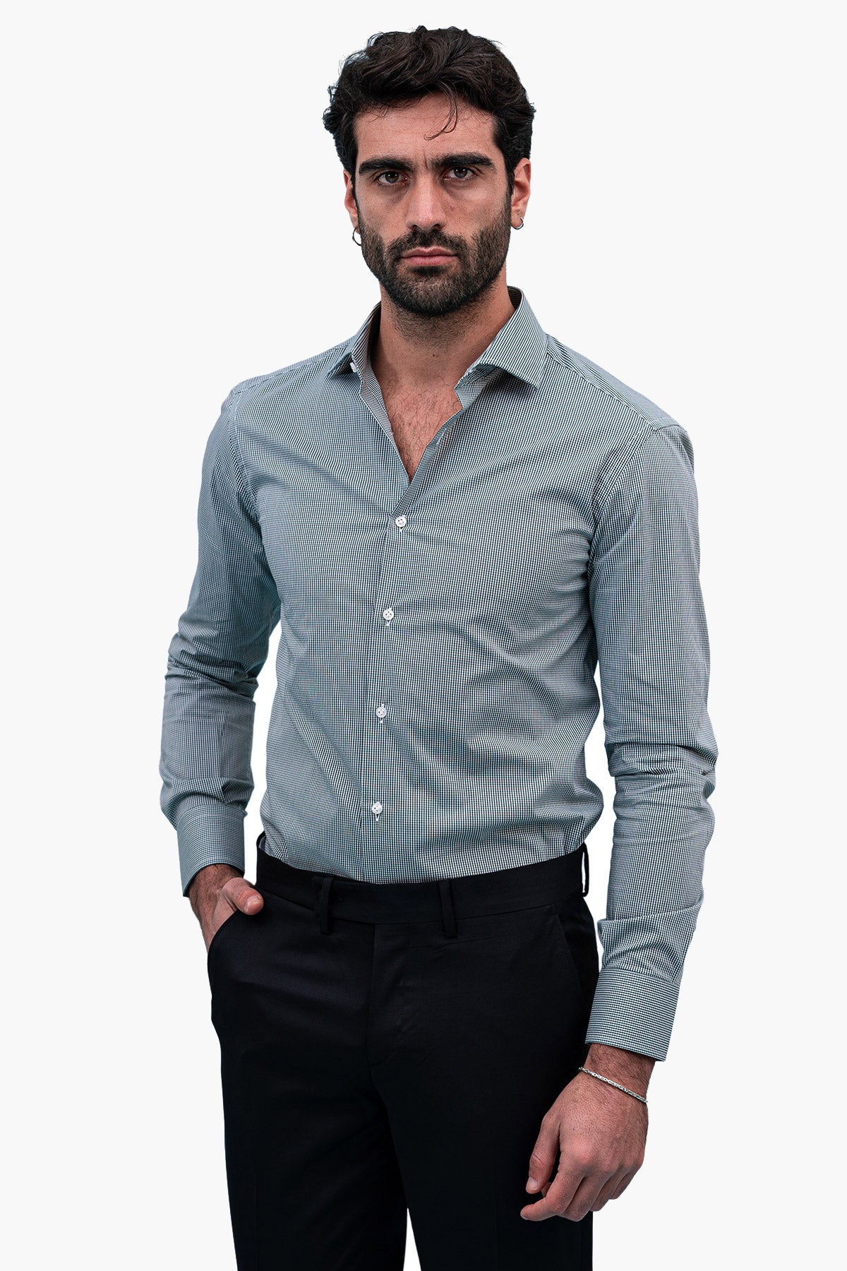 Camicia Uomo microquadro Slim Fit Collo semi francese cotone Elasticizzata casual e elegante