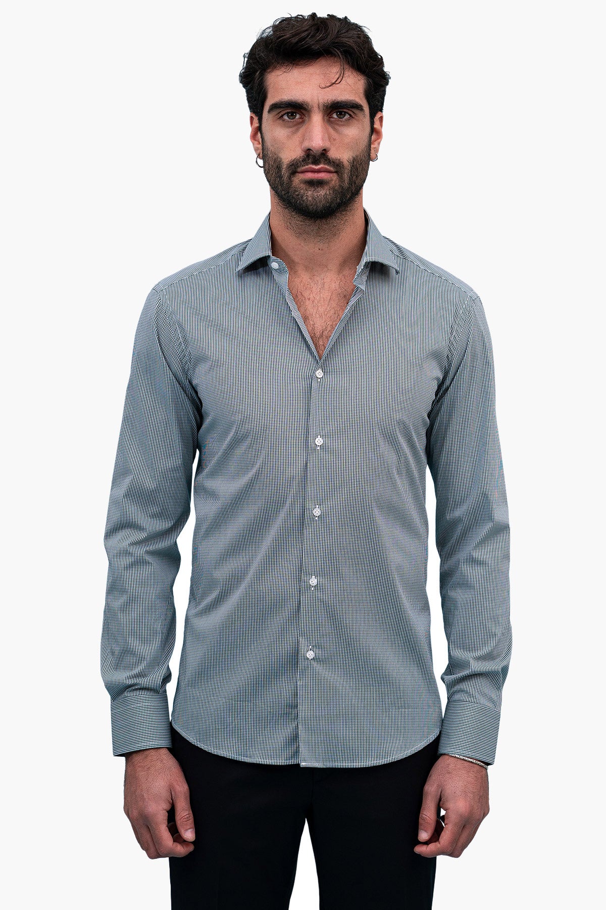 Camicia Uomo microquadro Slim Fit Collo semi francese cotone Elasticizzata casual e elegante
