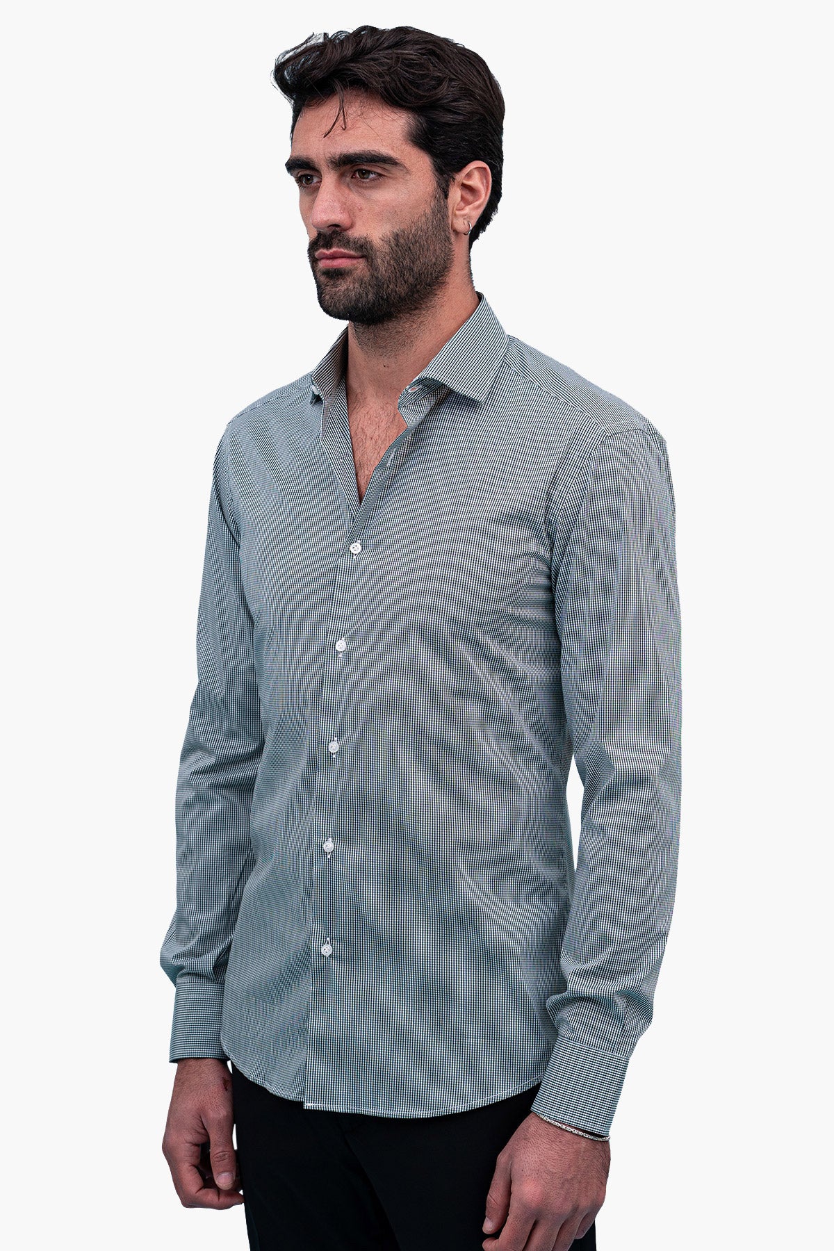 Camicia Uomo microquadro Slim Fit Collo semi francese cotone Elasticizzata casual e elegante