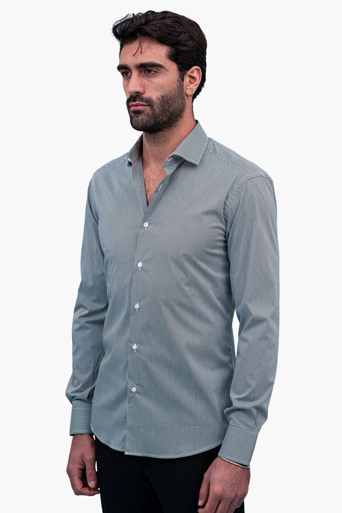 Camicia Uomo microquadro Slim Fit Collo semi francese cotone Elasticizzata casual e elegante