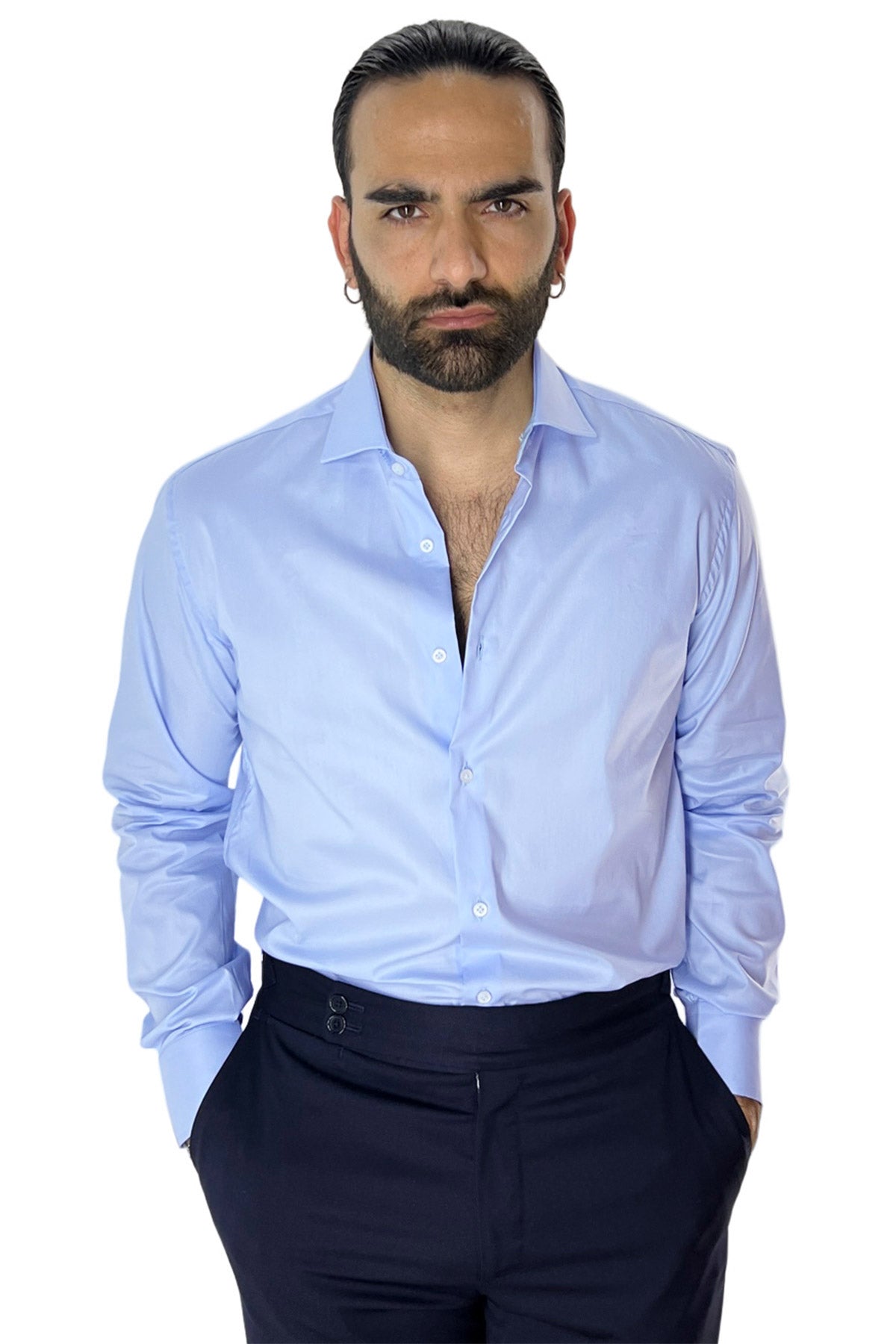 Camicia Uomo Regular fit cotone Elastico Collo semi francese tinta unita Casual ed elegante