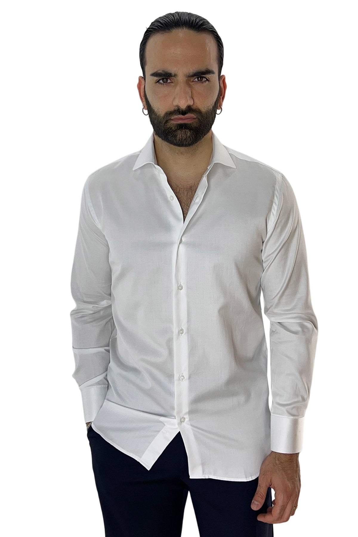 Camicia Uomo Regular fit cotone Elastico Collo semi francese tinta unita Casual ed elegante