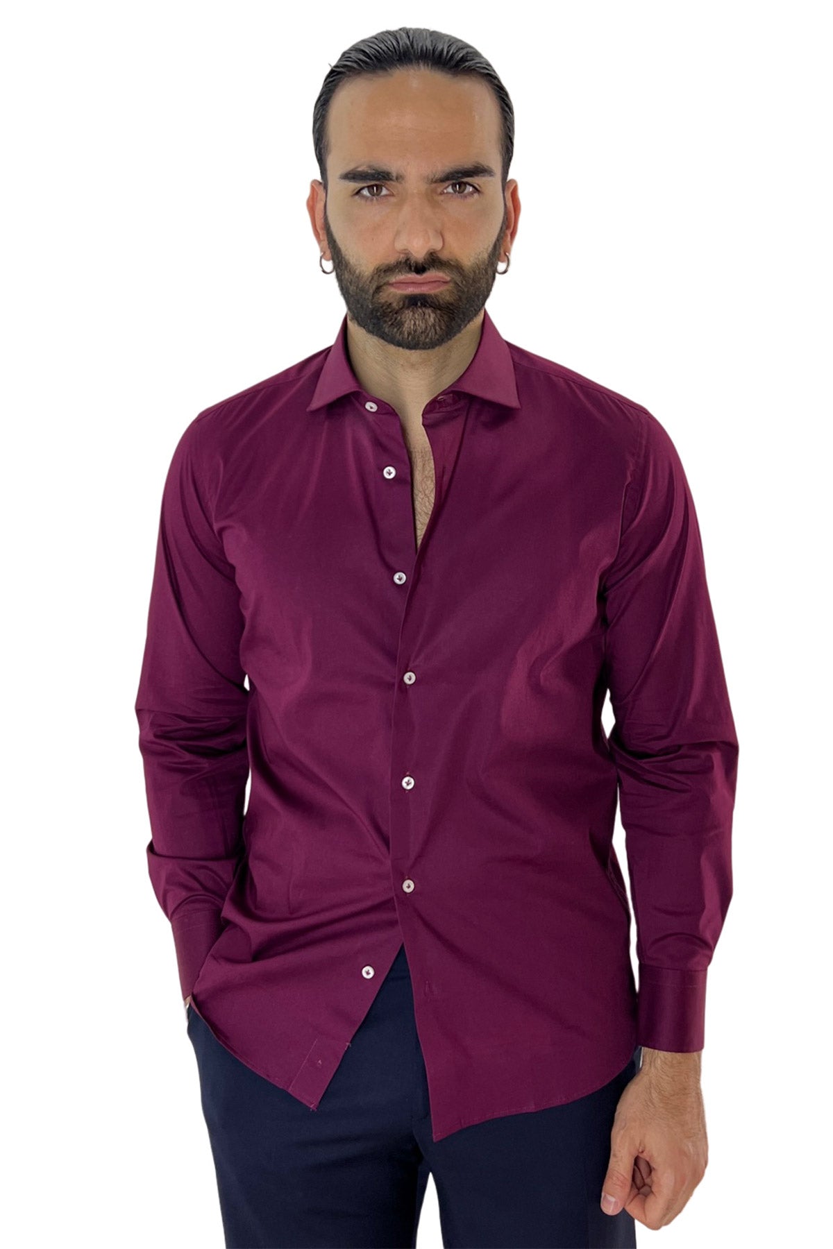 Camicia Uomo Regular fit cotone Elastico Collo semi francese tinta unita Casual ed elegante