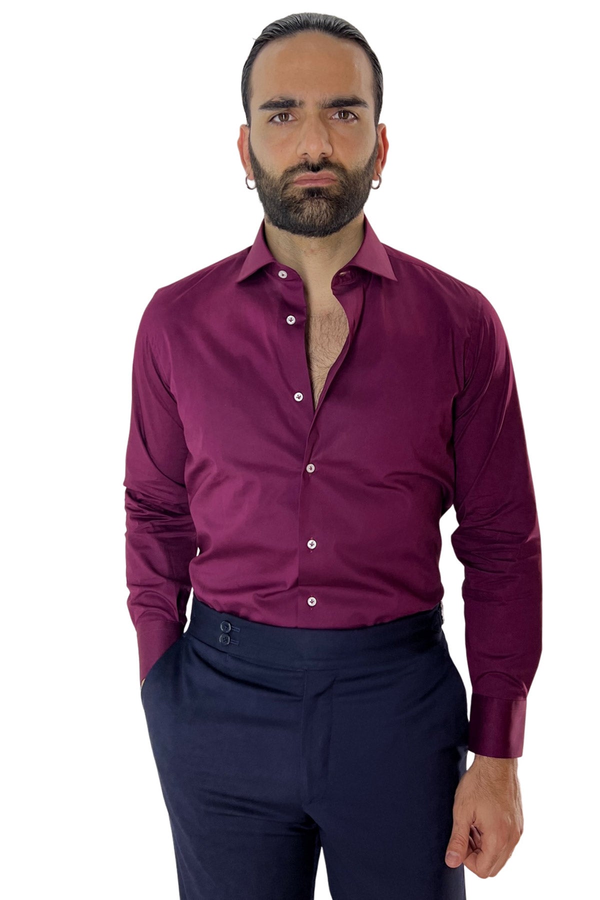 Camicia Uomo Regular fit cotone Elastico Collo semi francese tinta unita Casual ed elegante