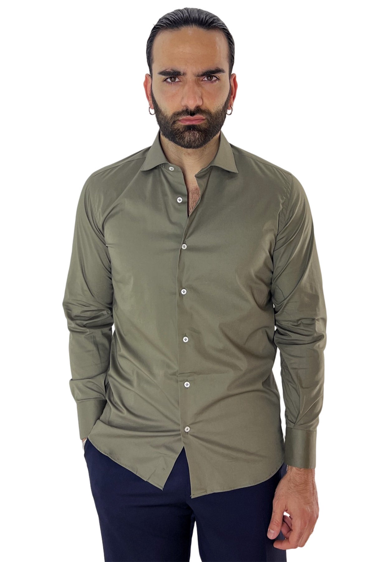 Camicia Uomo Regular fit cotone Elastico Collo semi francese tinta unita Casual ed elegante