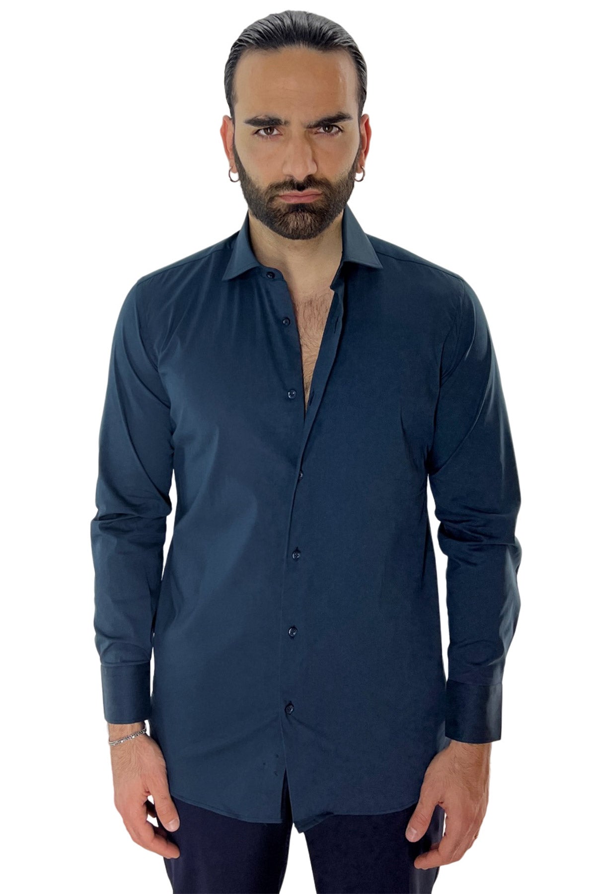 Camicia Uomo Regular fit cotone Elastico Collo semi francese tinta unita Casual ed elegante