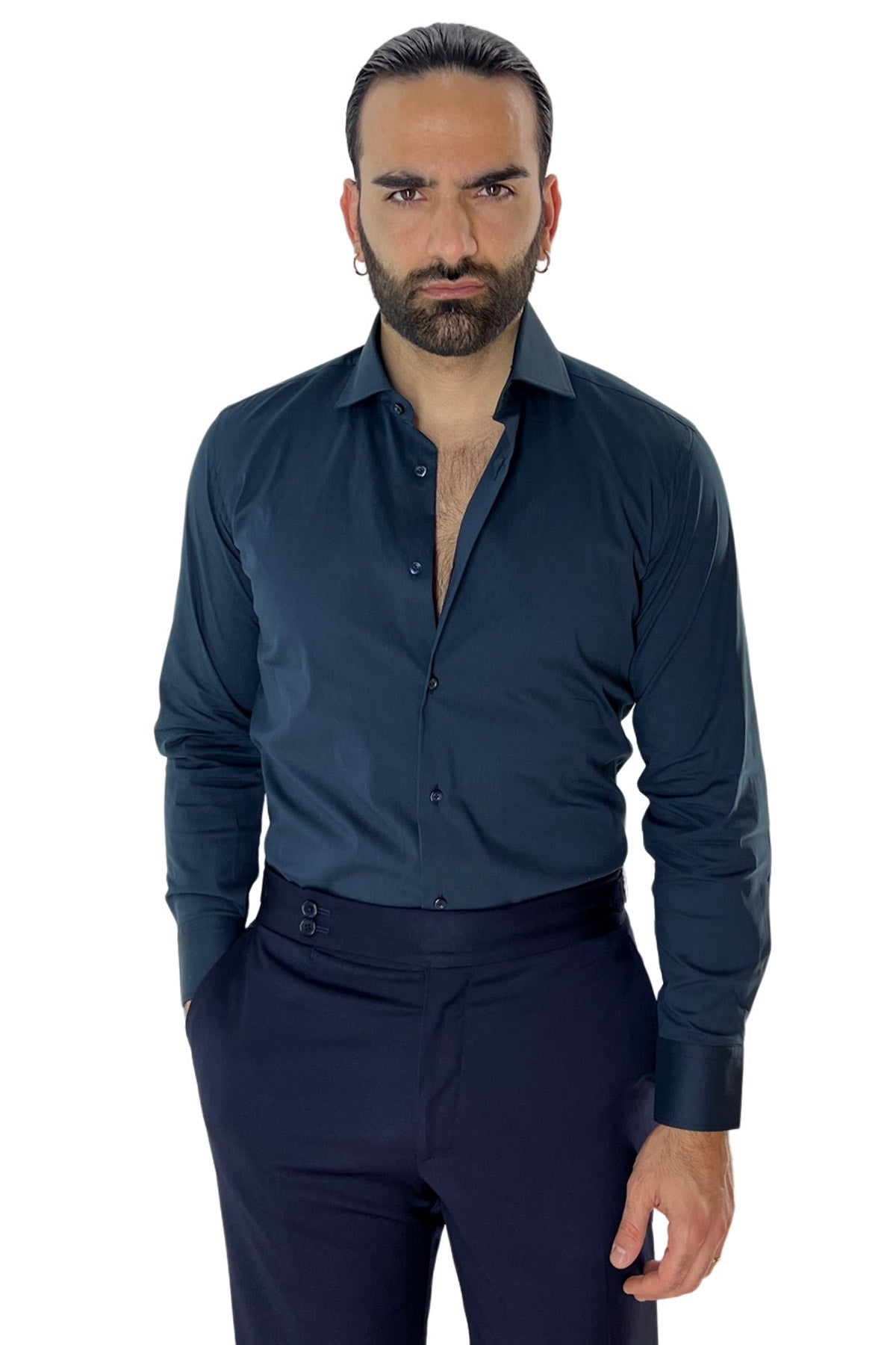 Camicia Uomo Regular fit cotone Elastico Collo semi francese tinta unita Casual ed elegante