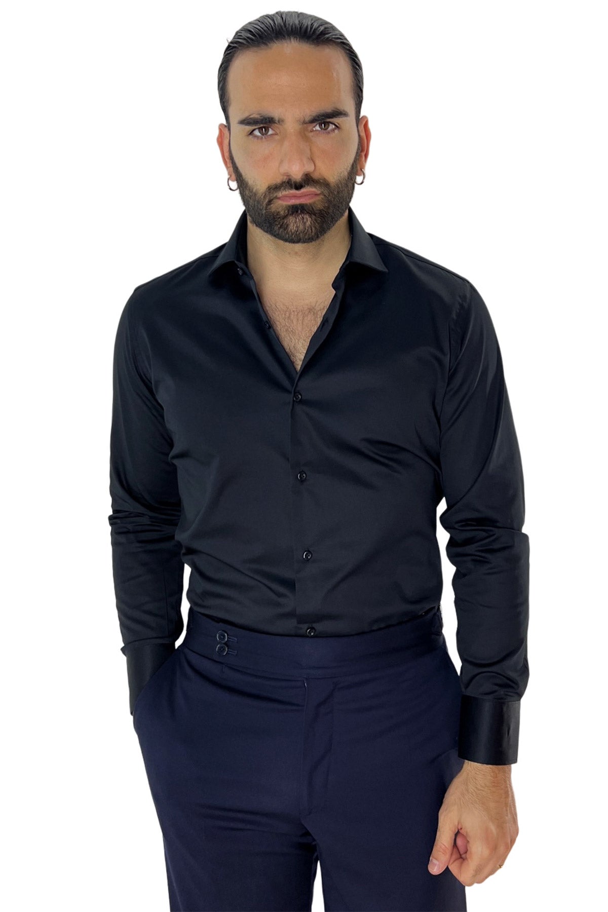 Camicia Uomo Regular fit cotone Elastico effetto seta Collo semi francese tinta unita