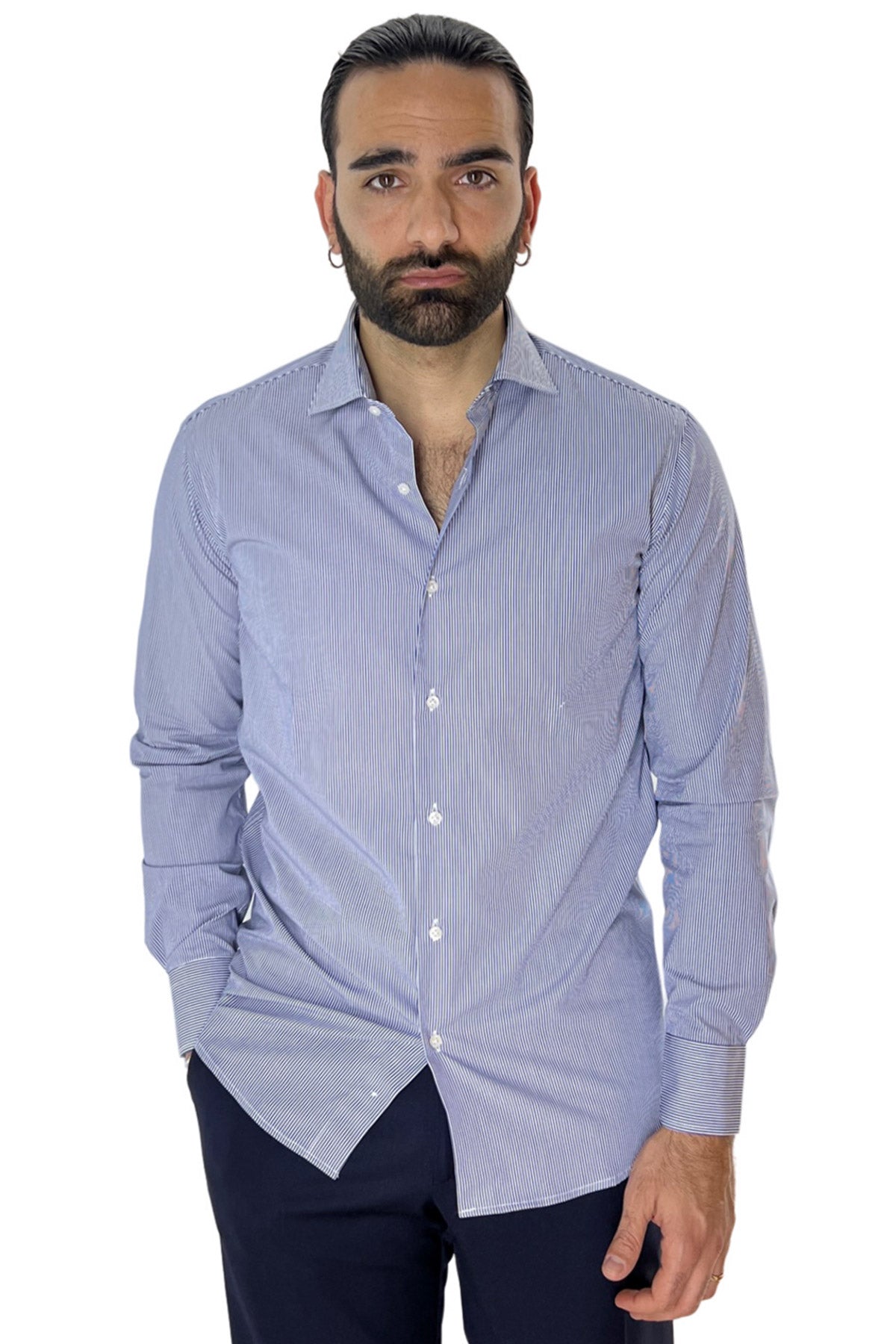 Camicia Uomo millerighe Regular fit Elasticizzata Collo semi francese sia Casual che Elegante