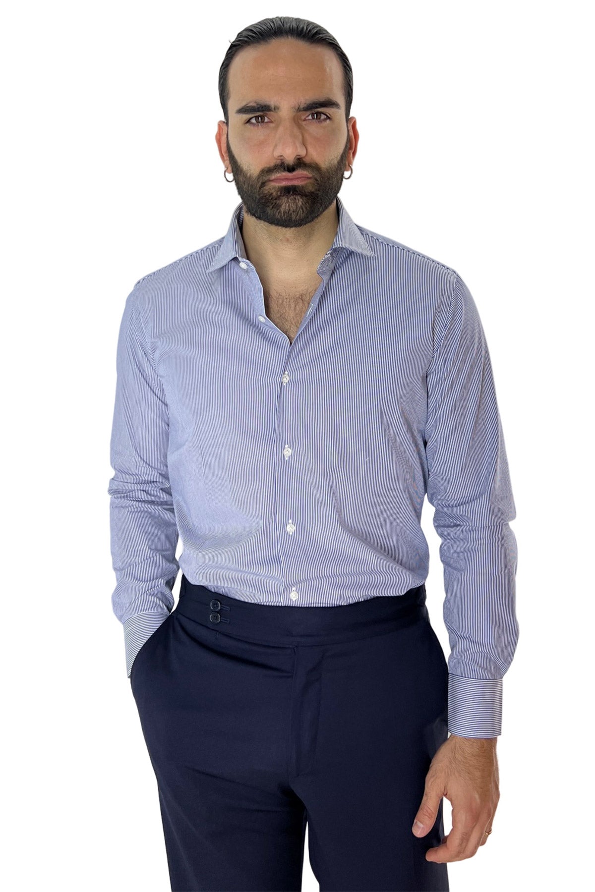Camicia Uomo millerighe Regular fit Elasticizzata Collo semi francese sia Casual che Elegante