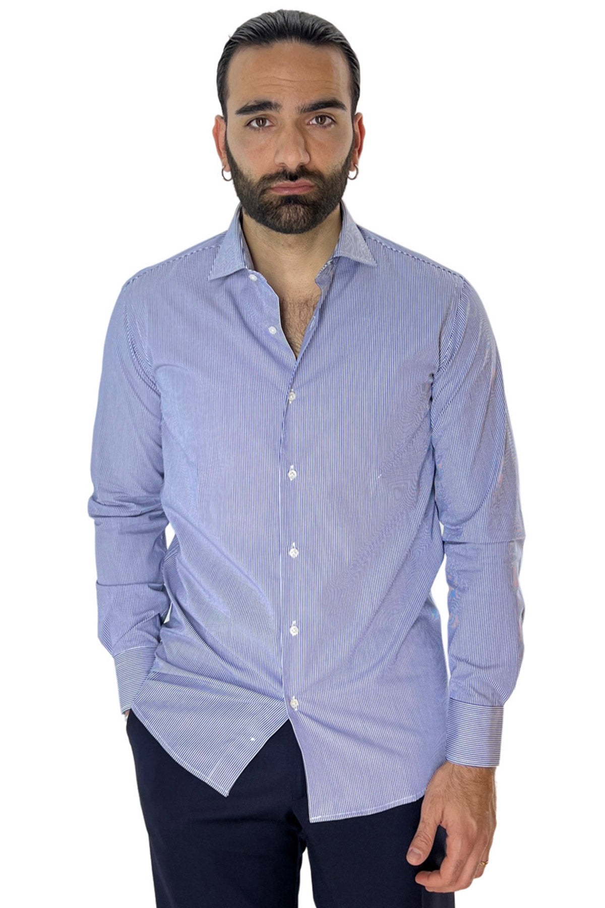Camicia Uomo millerighe Regular fit Elasticizzata Collo semi francese sia Casual che Elegante