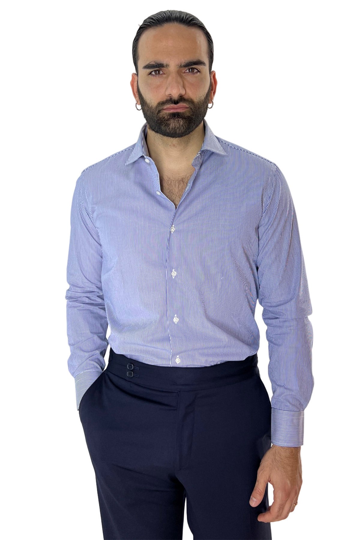 Camicia Uomo millerighe Regular fit Elasticizzata Collo semi francese sia Casual che Elegante