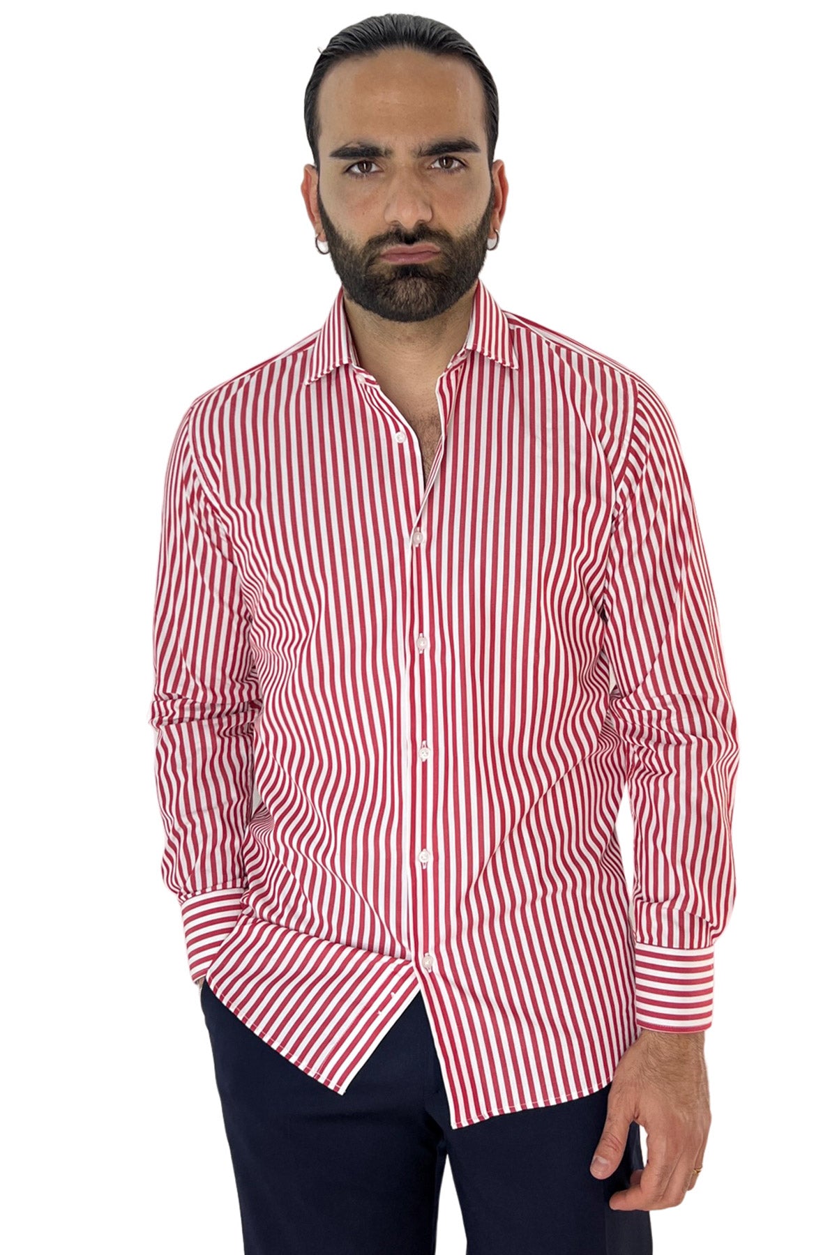Camicia Uomo riga media 100% cotone collo semi francese Regular Fit made in italy Casual e Elegante