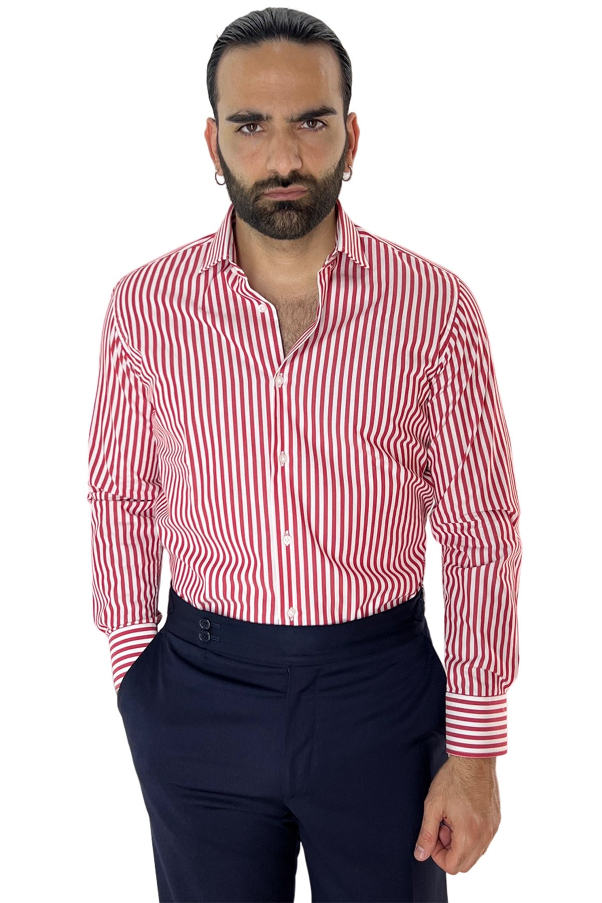 Camicia Uomo riga media 100% cotone collo semi francese Regular Fit made in italy Casual e Elegante