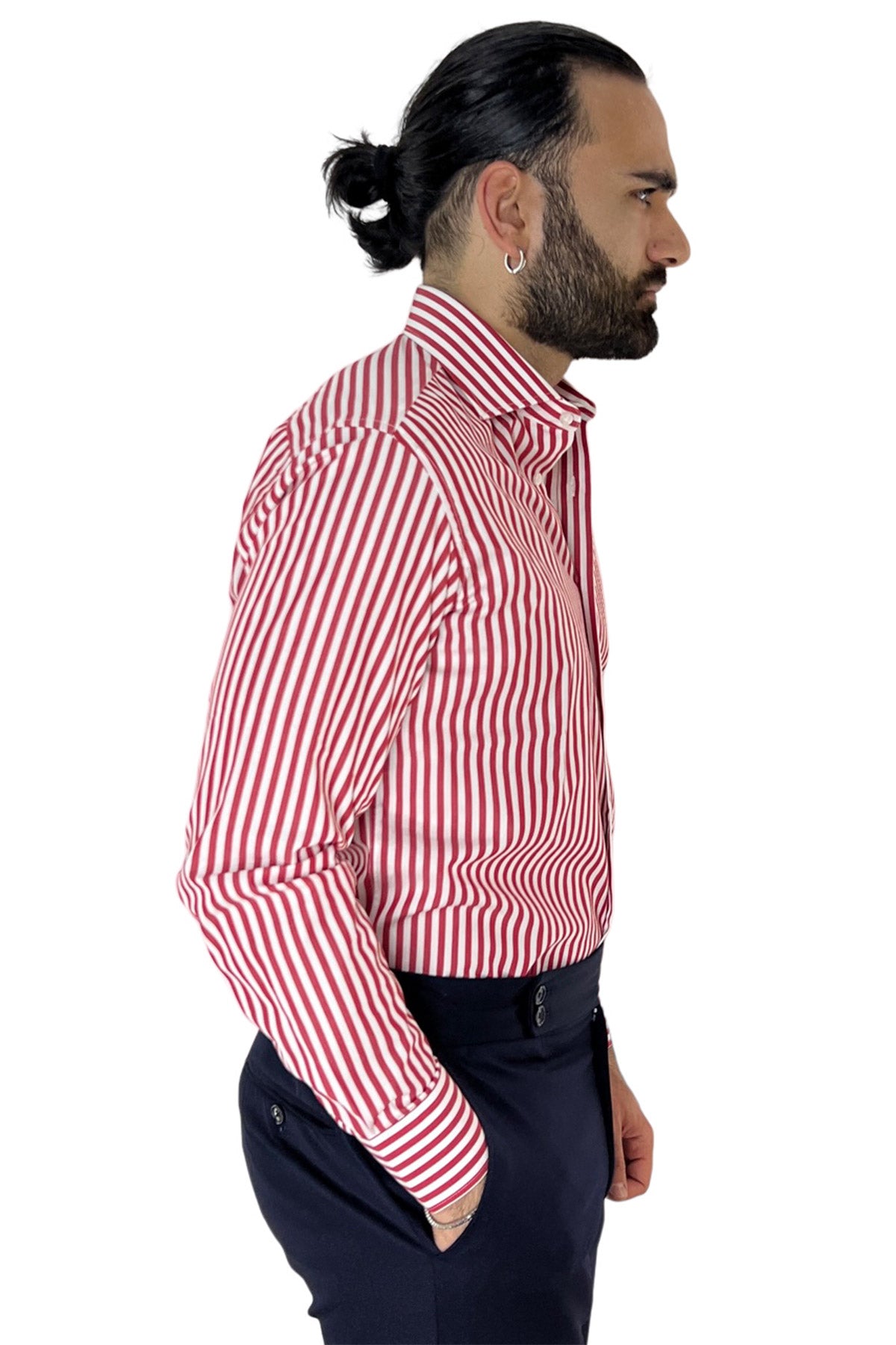 Camicia Uomo riga media 100% cotone collo semi francese Regular Fit made in italy Casual e Elegante